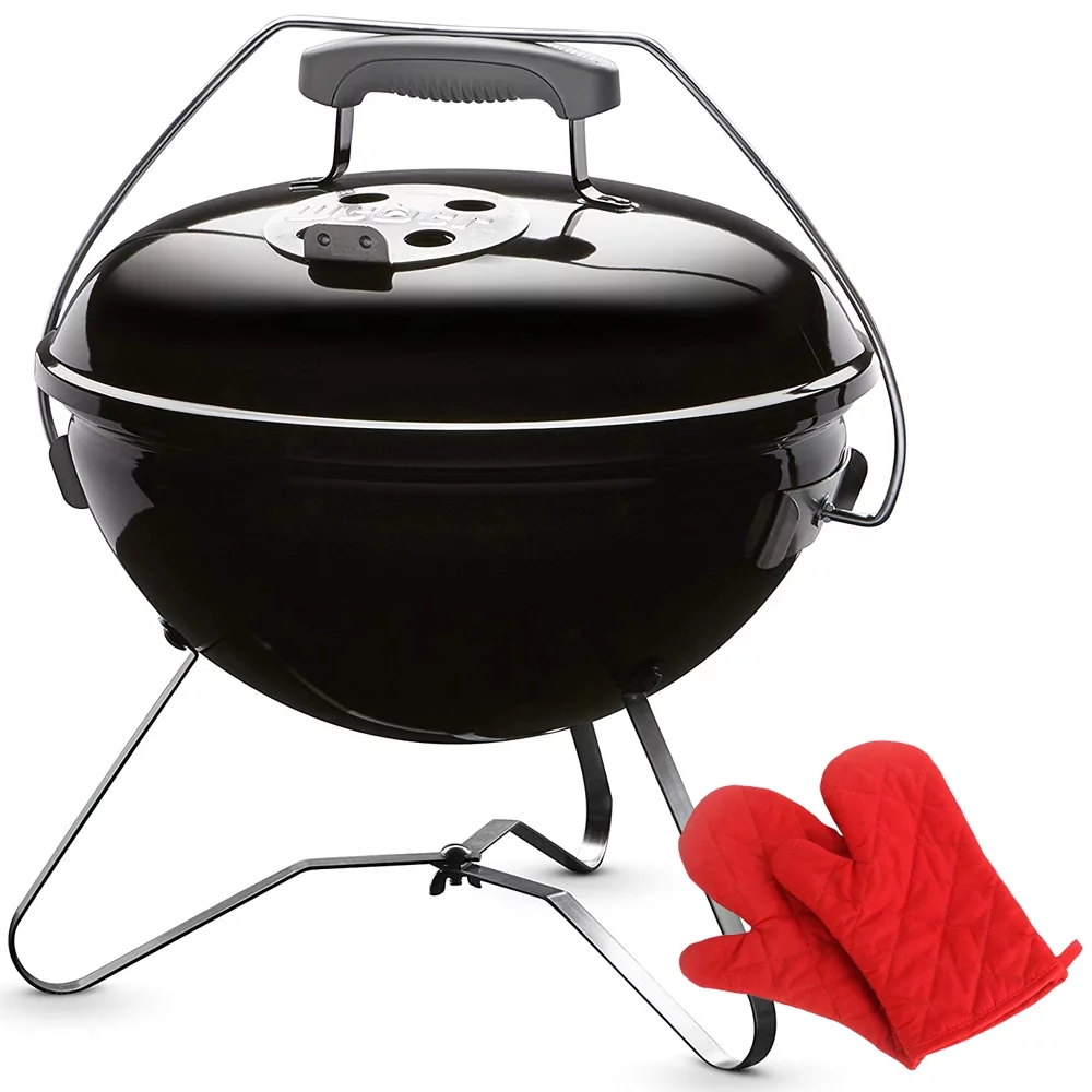 Weber 40020 Smokey Joe Premium 14-inch Charcoal Grill Black Bundle with Deco Essentials Pair of Red Heat Resistant Oven Mitt