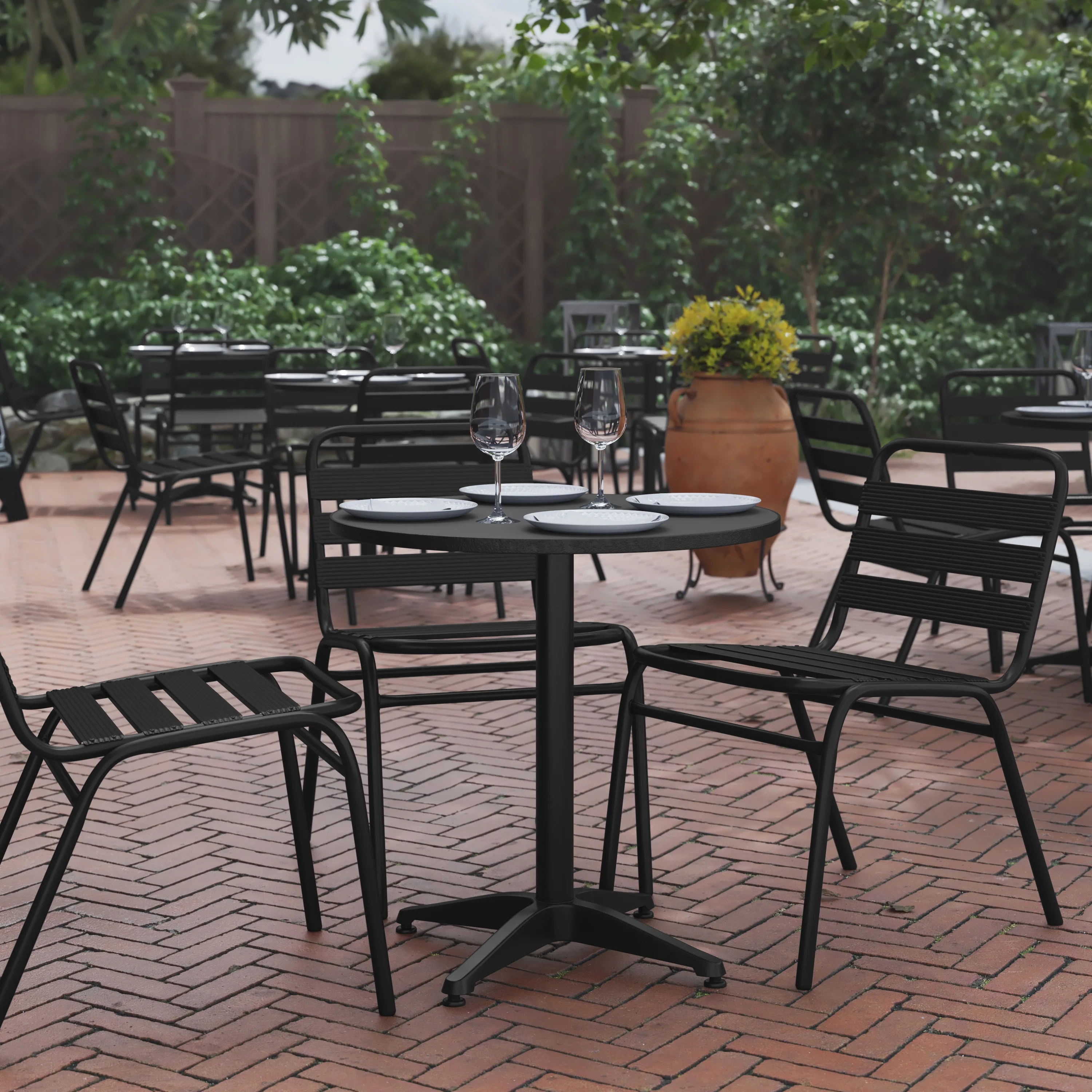 BizChair 27.5'' Black Round Metal Indoor-Outdoor Table with Base