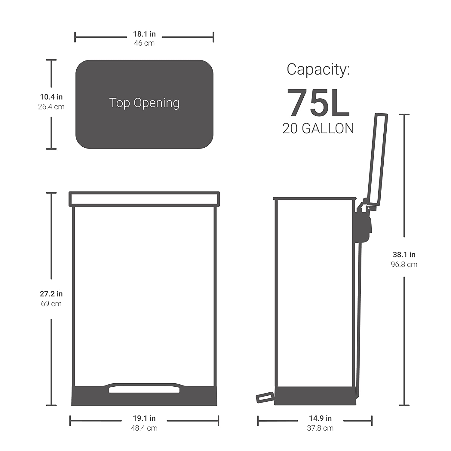 75L/19.8Gal Heavy Duty Hands-Free Stainless Steel Commercial/Kitchen Step Trash Can, Fingerprint-Resistant Soft Close Lid, Rectangle Shape (75L Rectangle)