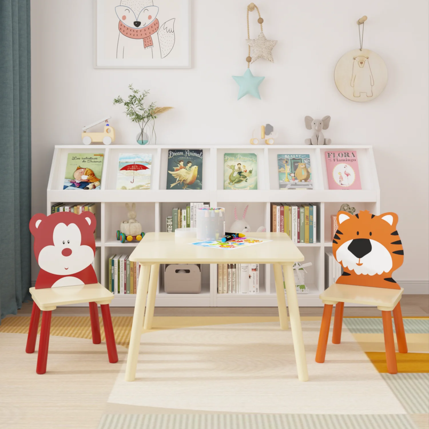 Adorable Kids Table and Chair Set with Bear & Tiger Design 3-Piece Wooden Toddler Activity Play Table Set for Imaginative Play and Learning
