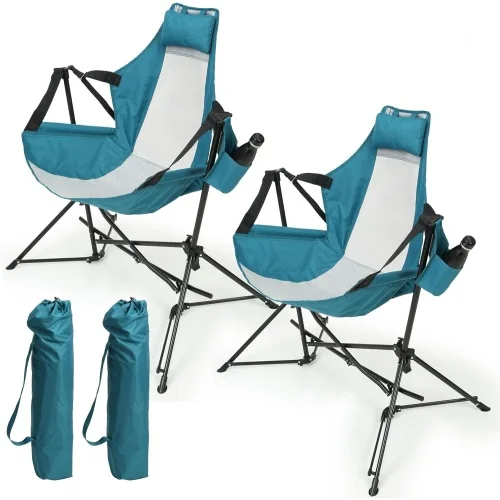 Hammock Camping Chair, Folding Portable Rocking Chair, Aluminum Alloy Adjustable Back Swinging Chair with Pillow Cup Holder, Recliner with Carry Bag for Outdoor Travel Lawn Backyard, Blue (2pcs)