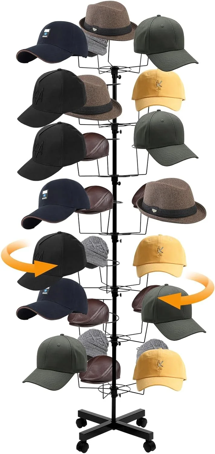 7-Tier Rotating Hat Display Rack, 35 Hooks Metal Freestanding Retail Display Stand Commercial Large Headwear Wig Rack Metal Floor Rack for Hats and Wigs