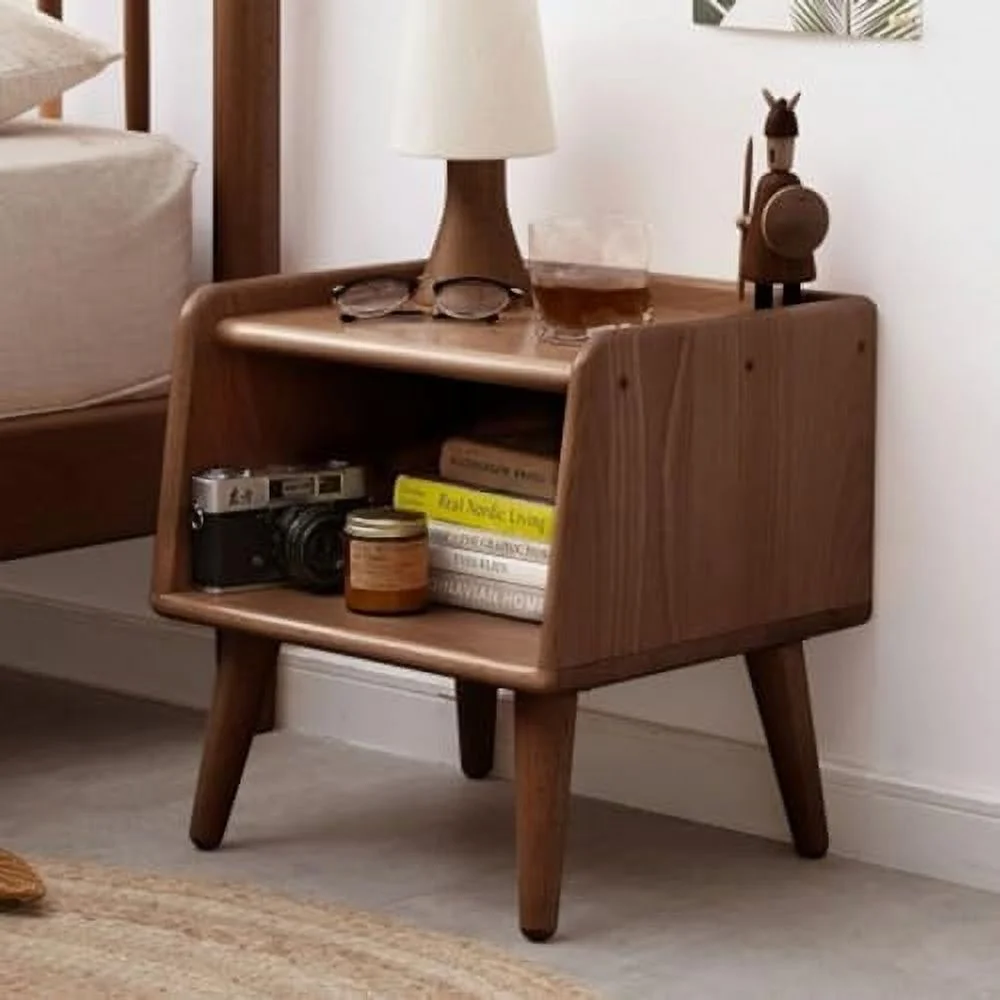 MQLIFEBOOM 100% Solid Wood Bedside Table Mid Century Modern Nightstand with Open - Medium Size for Bedroom (Walnut)