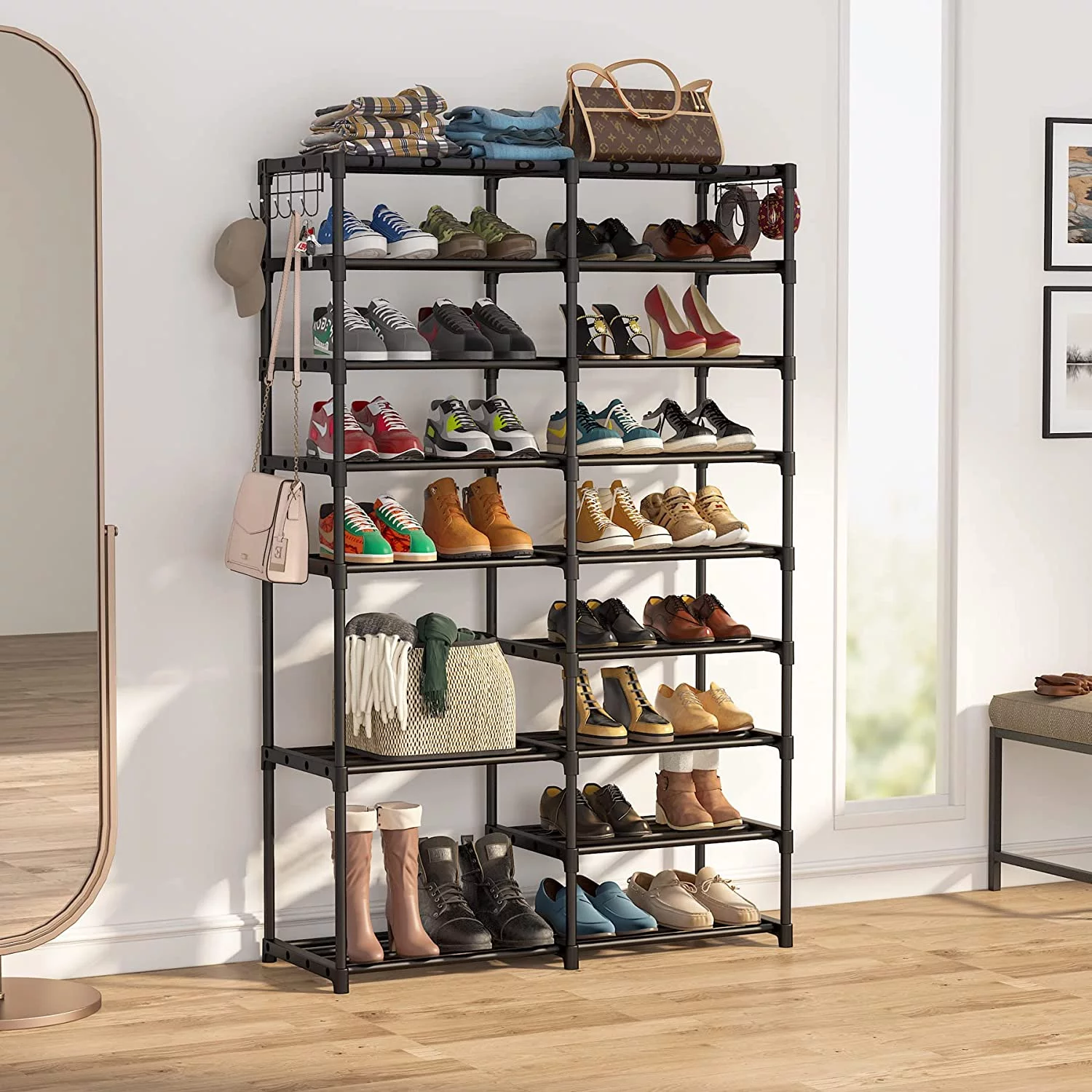 Tribesigns Shoe Rack Organizer, 32-40 Pairs Shoe Storage Shelf, 9 Tiers Shoe Stand, ShoeRack with 2 Hooks for Closet,Black