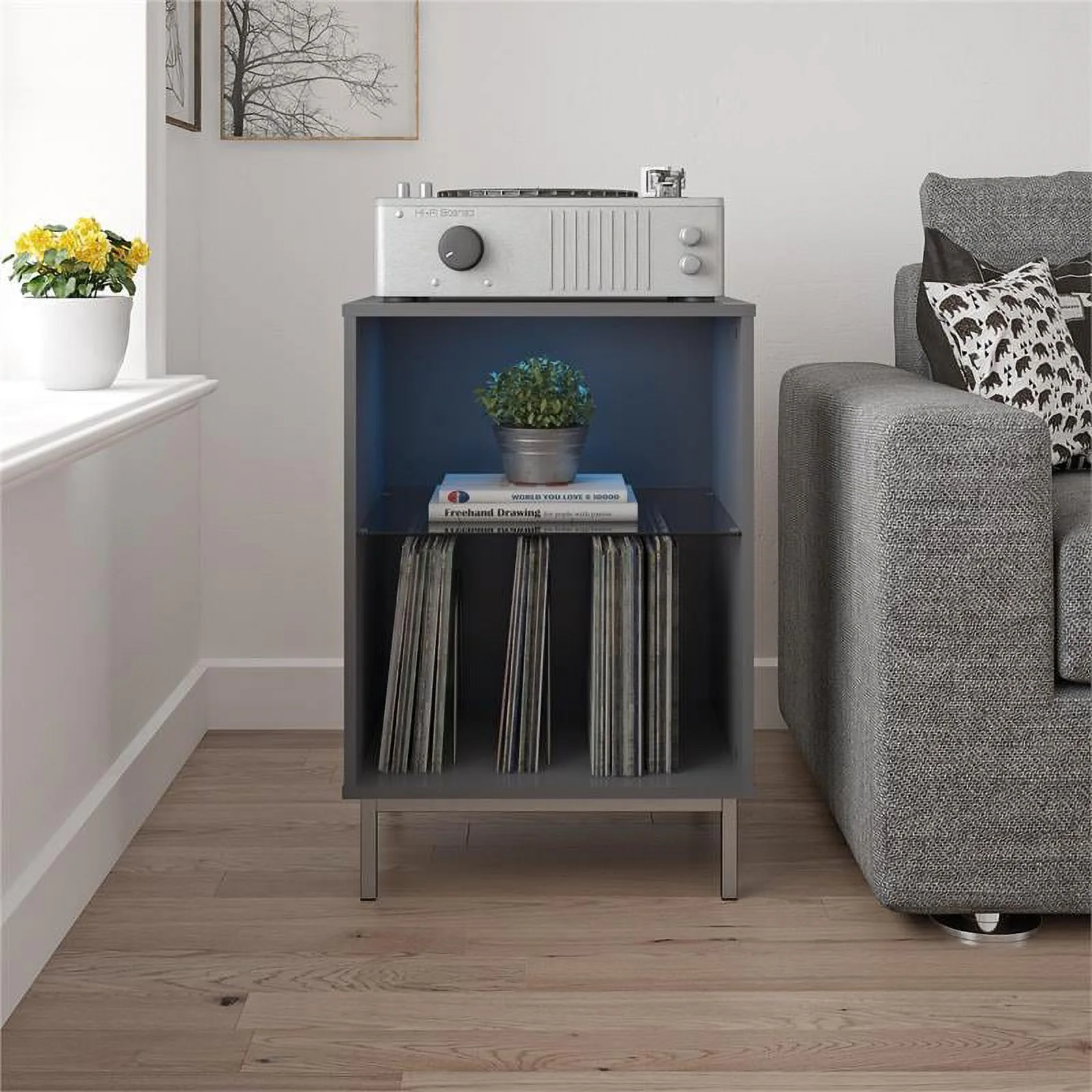 Pemberly Row Contemporary Turntable Stand in Graphite Gray
