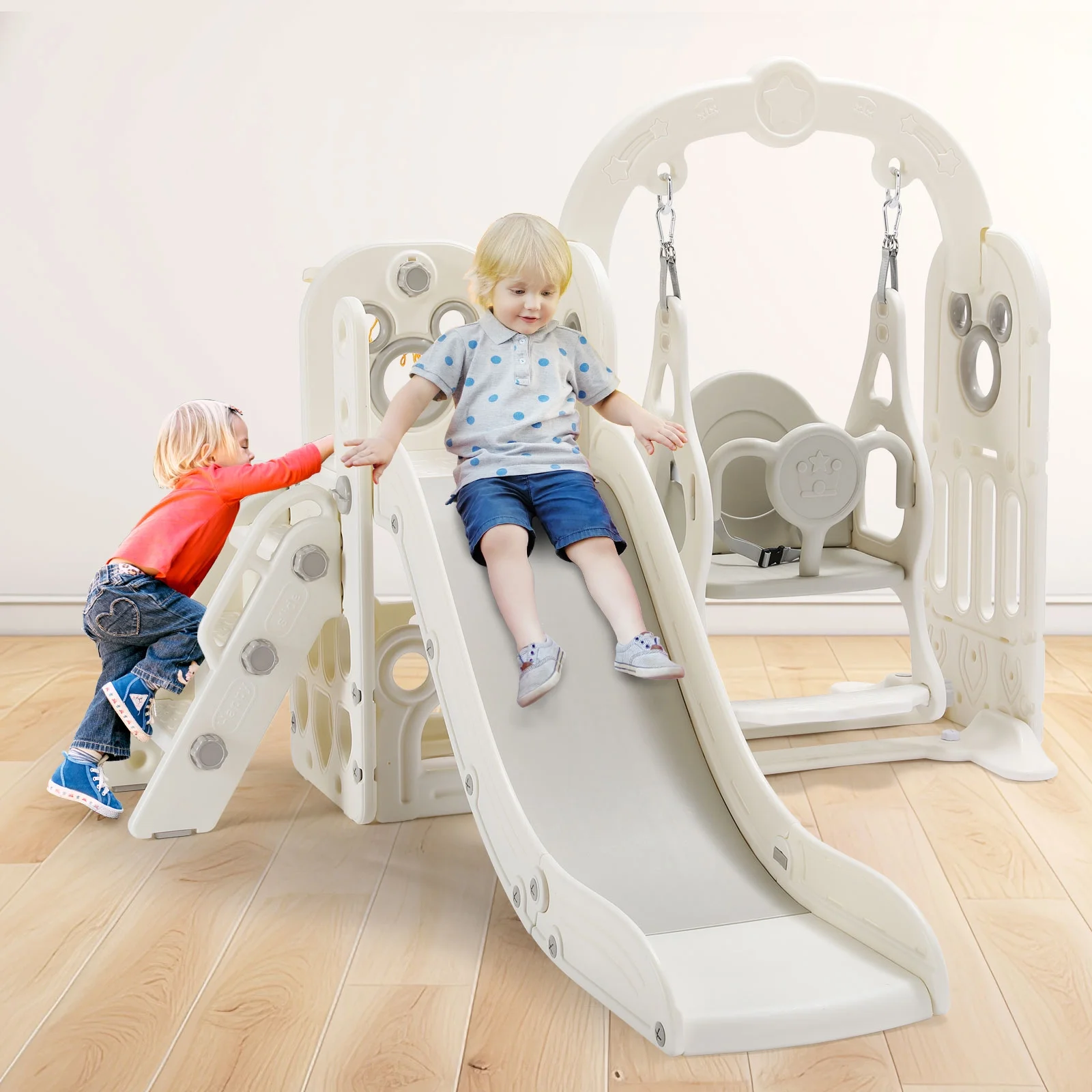 Pirecart 5 in 1 Toddler Slide and Swing Set, Large Toddler Slide Climber Playset with Basketball Hoop
