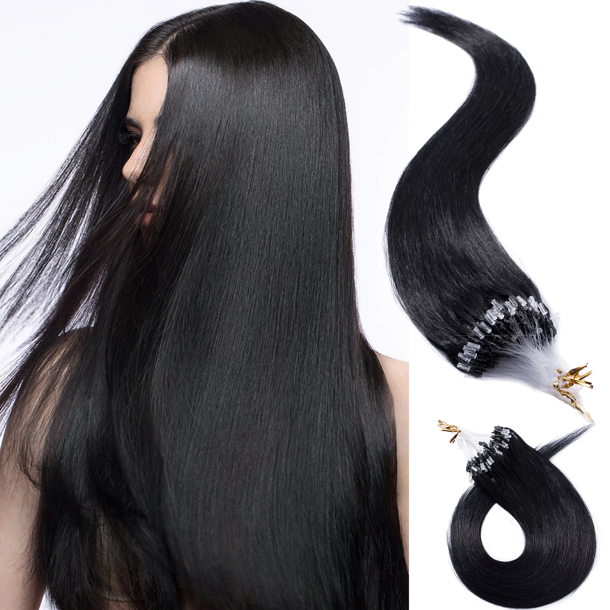 MY-LADY 100% Human Hair Extensions Remy Real Natural Hair Hairpiece Mirco Ring Tubes Hair Thick Micro Loop Extensions Hair for Women 20inch #01 Jet Black