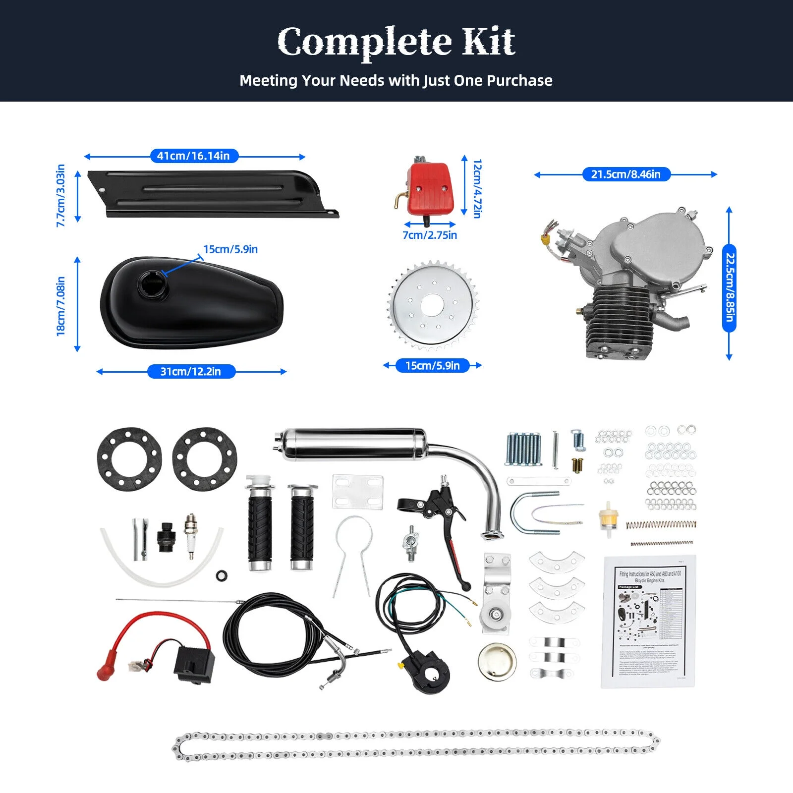 100cc 2-Stroke Bicycle Engine Kit Full Air-Cooling Motor Bike Modified Set Motorized Motor Bike Modified Tool offering, Super Fuel-efficient for 26