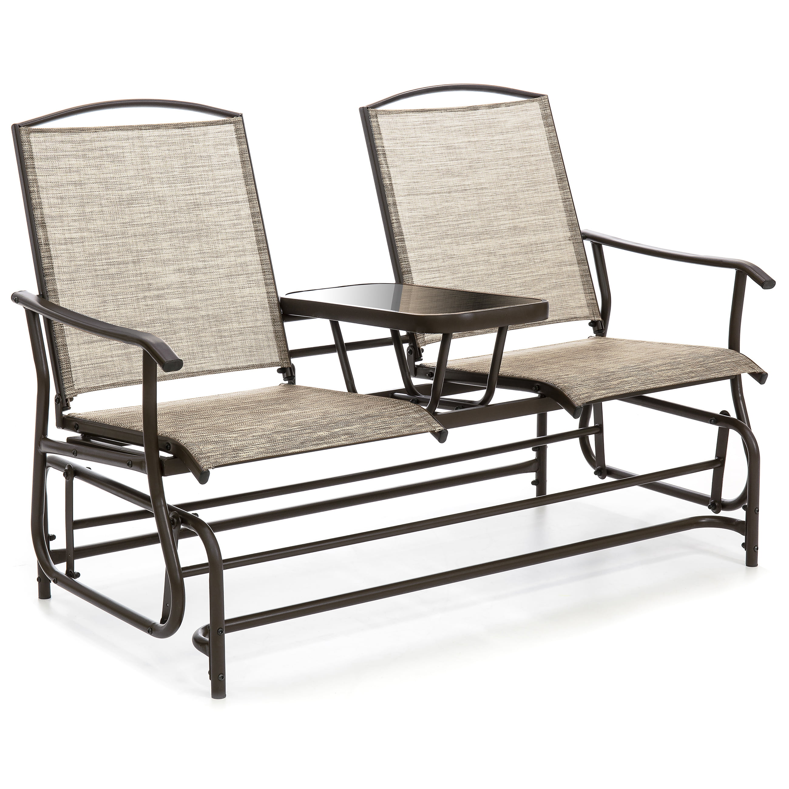 Best Choice Products 2-Person Outdoor Mesh Fabric Patio Double Glider w/ Tempered Glass Attached Table - Tan