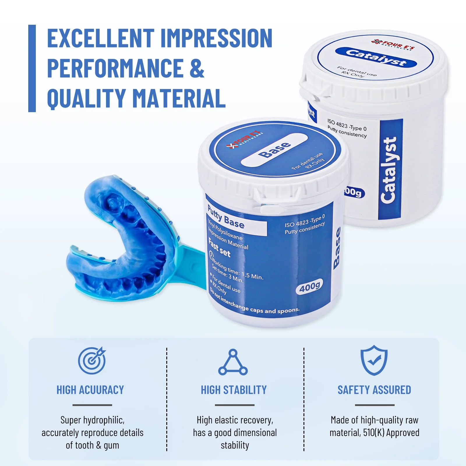 Four E's Dental Impression Putty Fast Set | 800g VPS Putty (400g Base & 400g Catalyst)  | Super Hydrophilic,High-Acuuracy & High-Stability, Ideal for Tooth & Gum Details Reproducing