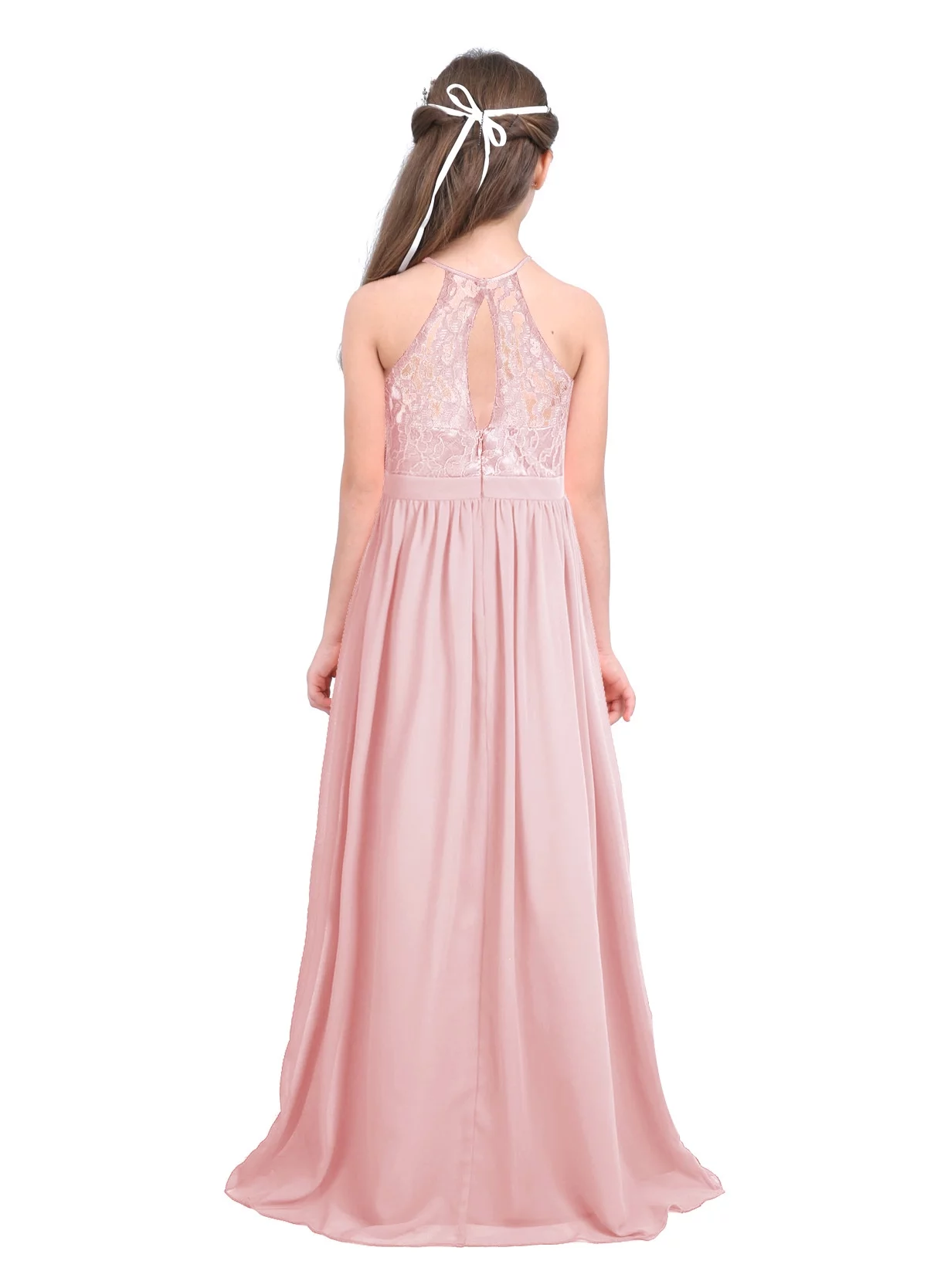 TTAO Kids Flower Girls Dress Wedding Bridesmaid Lace Chiffon Maxi Long Dress Party Ball Gown 6-16Y Pearl Pink 6
