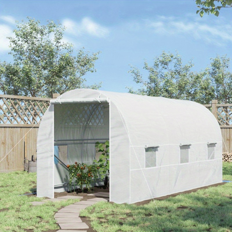 Zateety 15' X 7' X 7' Walk-In Tunnel Greenhouse, Large Garden Hot House Kit with 6 Roll-up Windows & Roll Up Door, Steel Frame, White