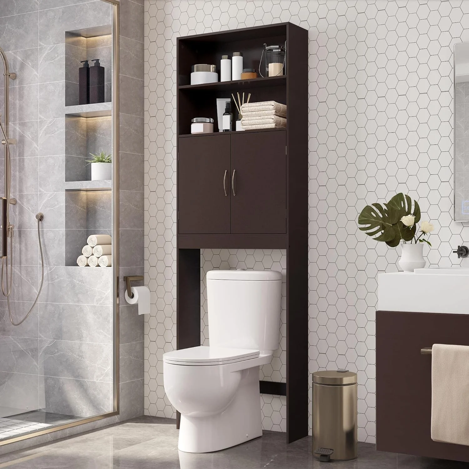 Over The Toilet Storage, Taller Bathroom Organizer Space-Saving Storage Cabinet with Adjustable Shelves and Double Doors, 77 in H, Espresso