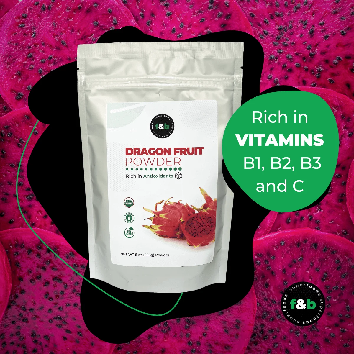 Organic Pink Pitaya Dragon fruit Powder for Baking & Drink (8oz) - f&b superfoods - Vegan, Perfect to mix with your favorite shake, amazing food coloring.