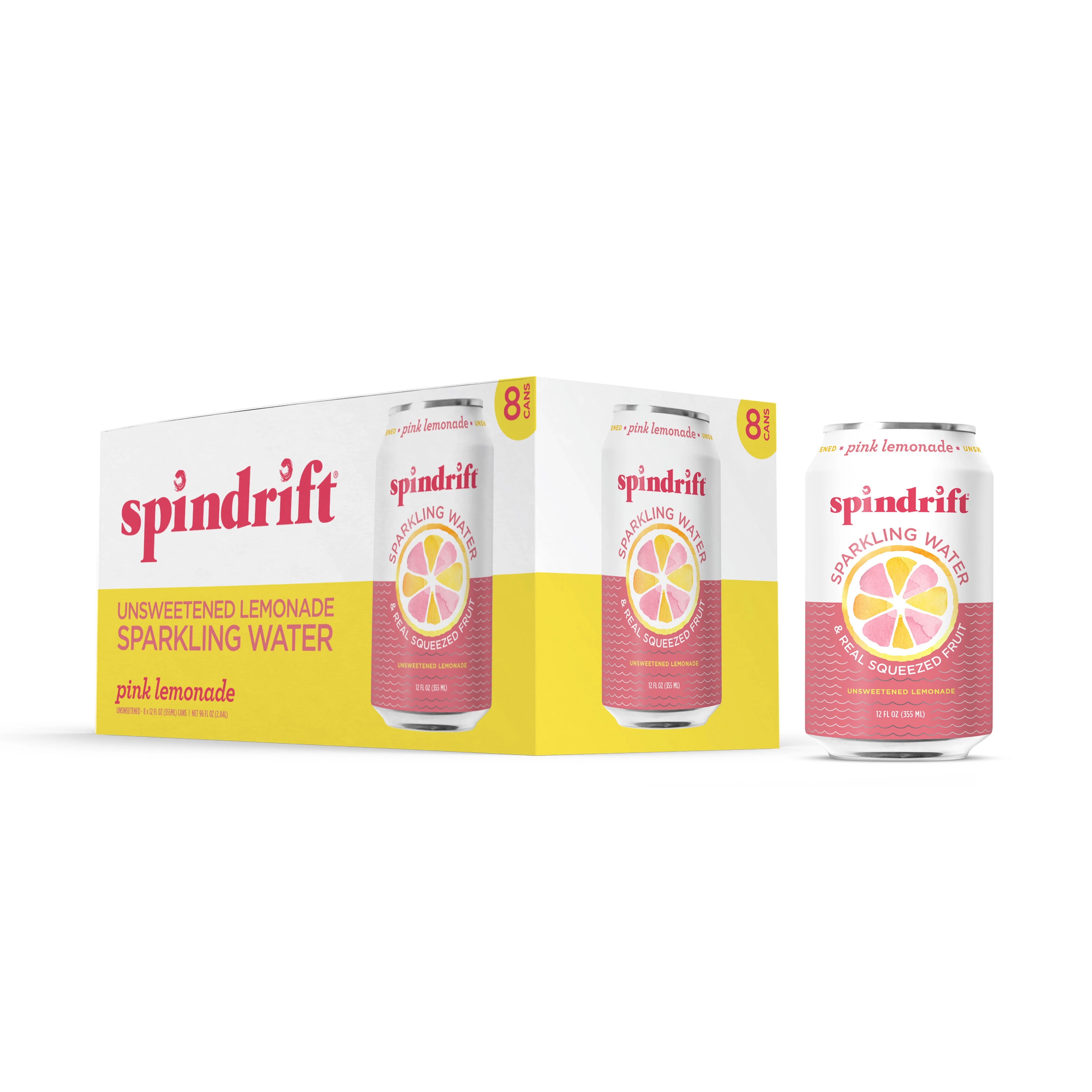 Spindrift Sparkling Water, Pink Lemonade, Made with Real Squeezed Fruit, 12 fl oz, No Sugar Added, 10 Calories per Can