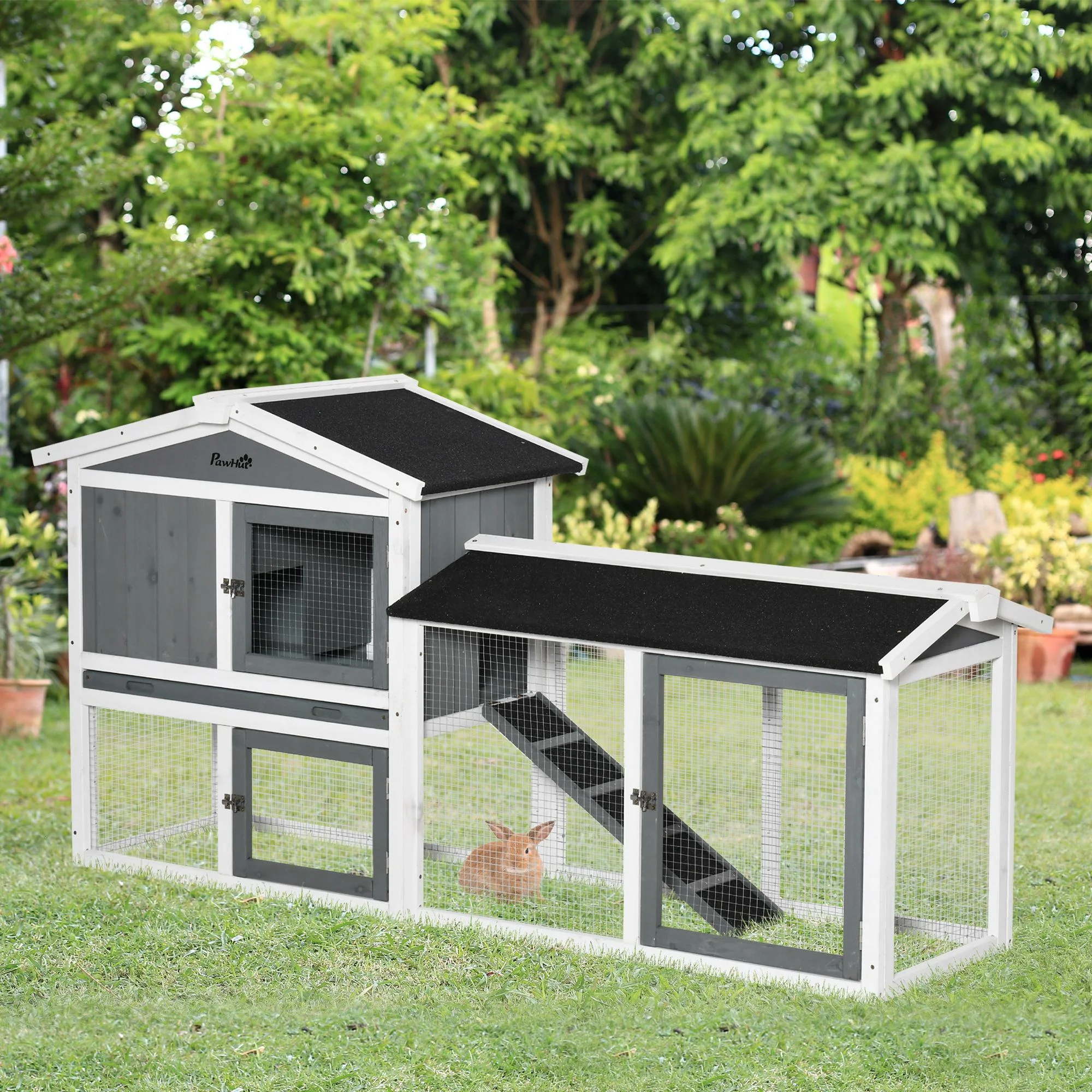 PawHut Wooden Rabbit Hutch with Run, Tray, Ramp for 1-3 Rabbits, White