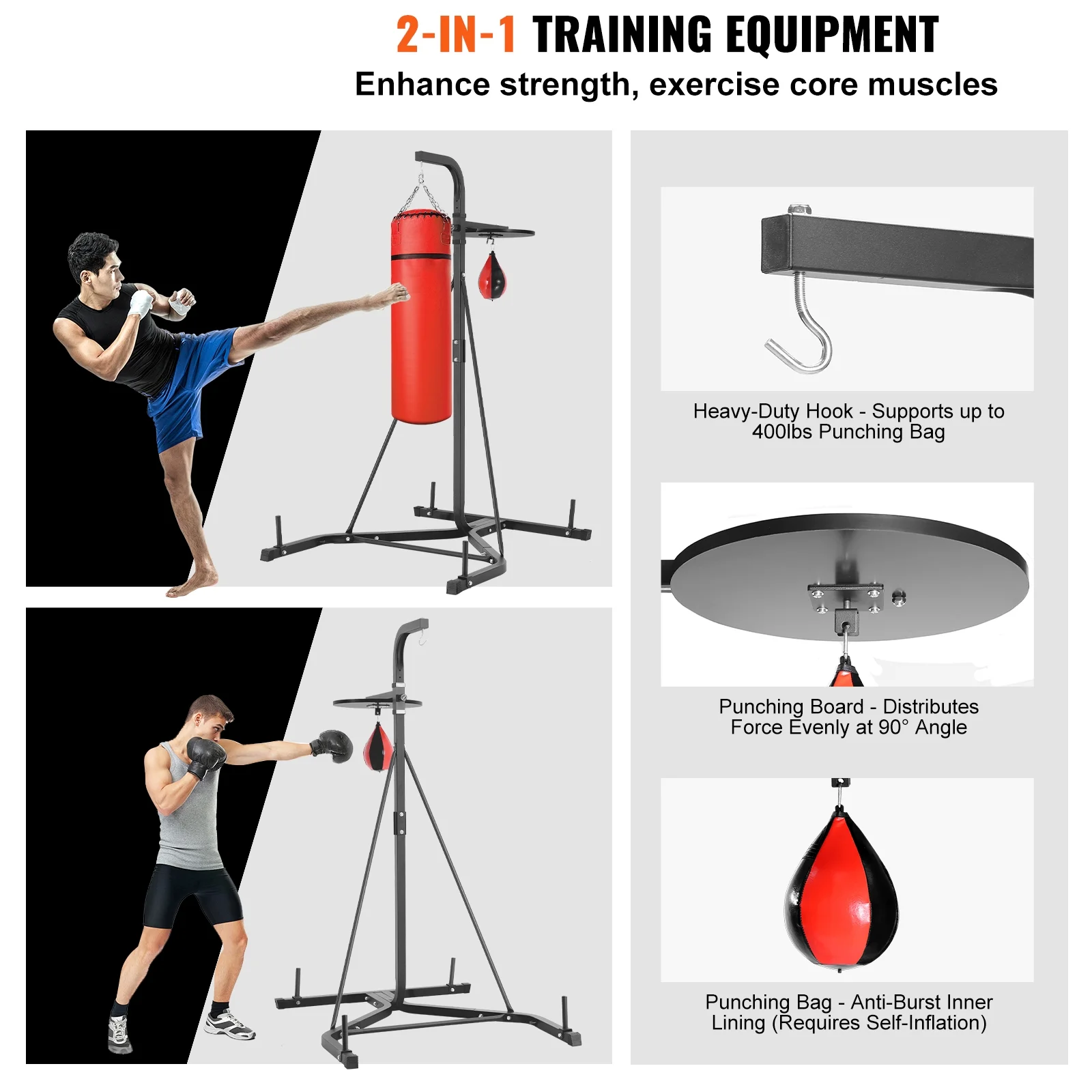 SKYSHALO 2 in 1 Punching Bag Stand & Freestanding Sandbag Rack, Steel Heavy Duty Workout Equipment, Adjustable Height Boxing Punching Bag and Speed Bag Stand, 400 lbs Capacity, for Home Gym Fitness