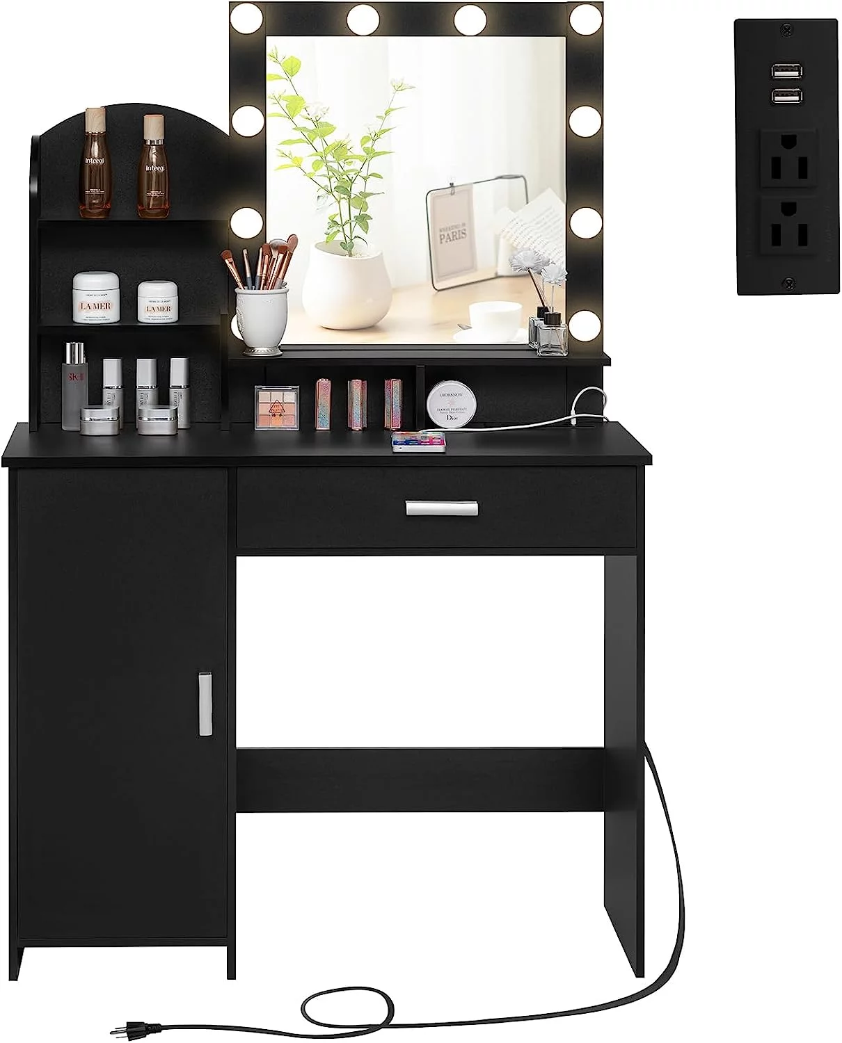 Quimoo Vanity Desk with Mirror and Lights, Makeup Vanity with Power Outlet & Drawer, 3 Lighting Modes Adjustable Brightness, Vanity Table Set for Women Girls, Black