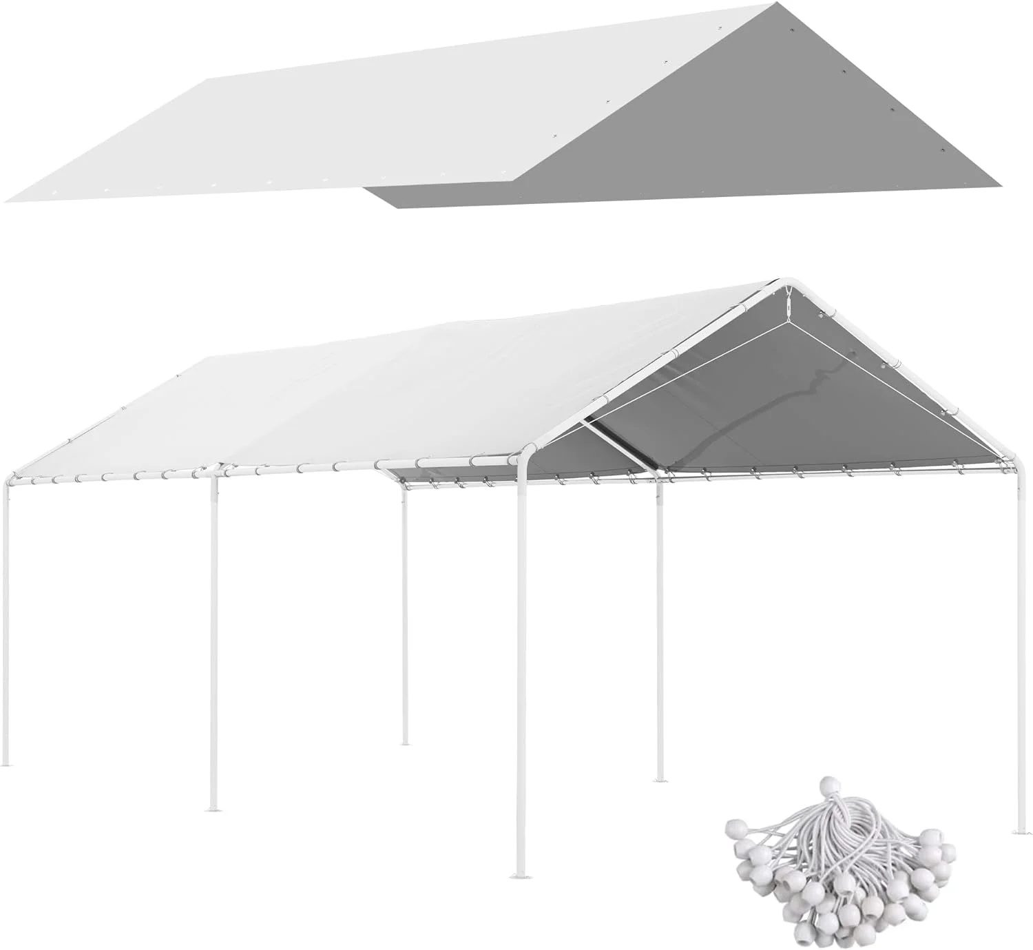 10' x 20' Carport Replacement Top Canopy Cover, UV Resistant and Water Resistant Car Port Portable Garage Tent Cover with Ball Bungee Cords, White, Only Cover