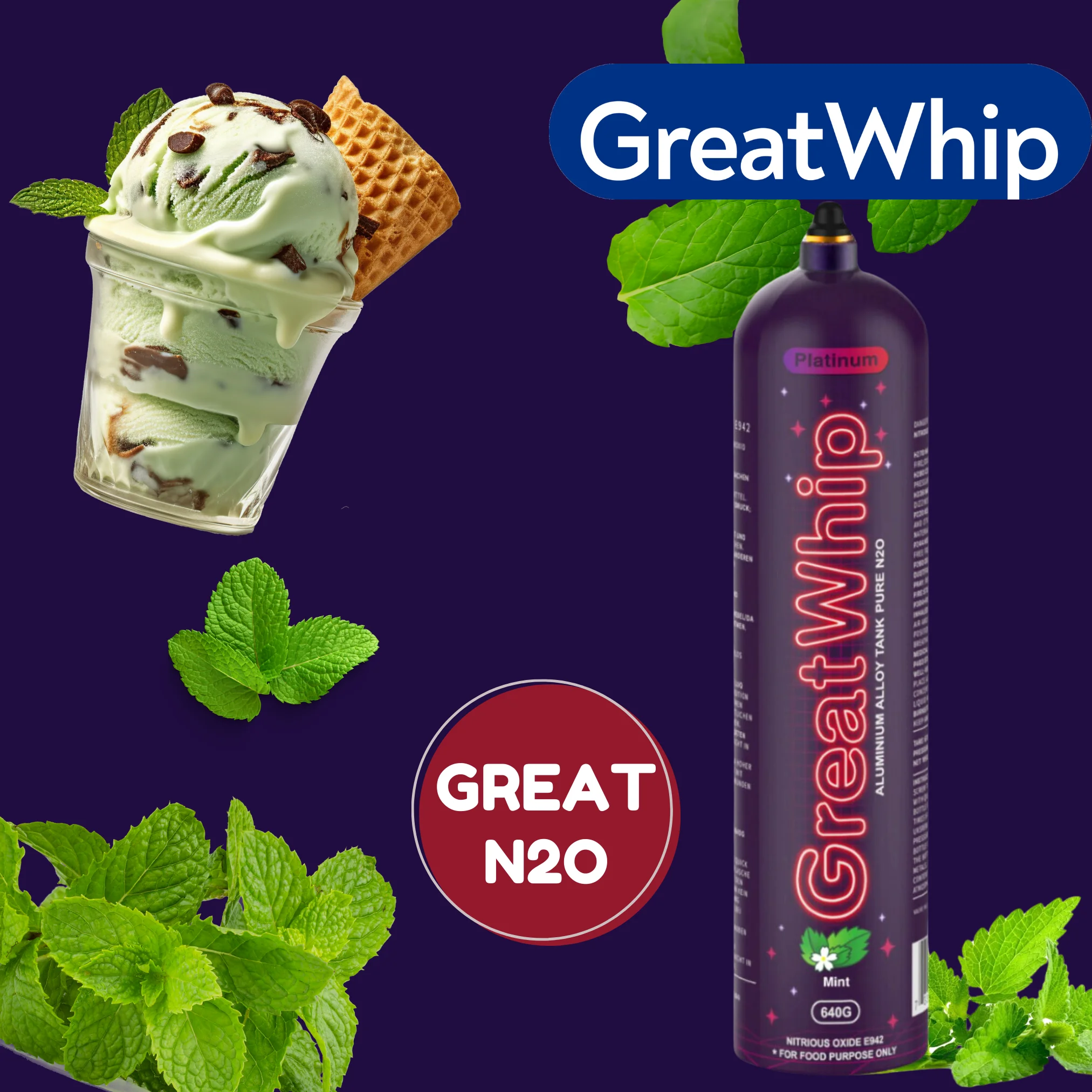 GreatWhip N2O Whipped Cream Charger Aluminium Mint Flavored Pure 640g Lightest Bottle Nitrous Oxide Tank (1 Cylinder)