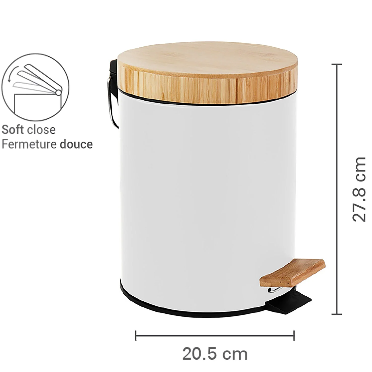 Jessar - Pedal Bin, 5 Liter Capacity, Soft Close, Bamboo Lid, White