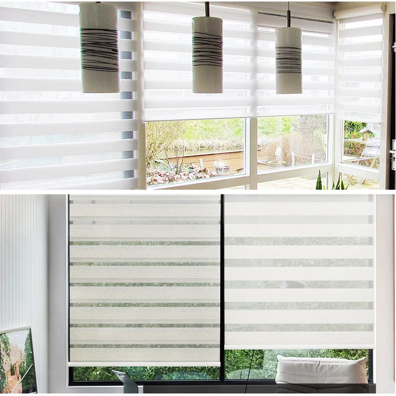 HTTMT- Zebra Roller Blinds [(W)67“ x (H)72”] White, Cordless, Dual Layer Shades, Sheer or Privacy Light Control, Day and Night Window Drapes, Easy to Install, Striped Dove [P/N: ET-ZB-W-67]