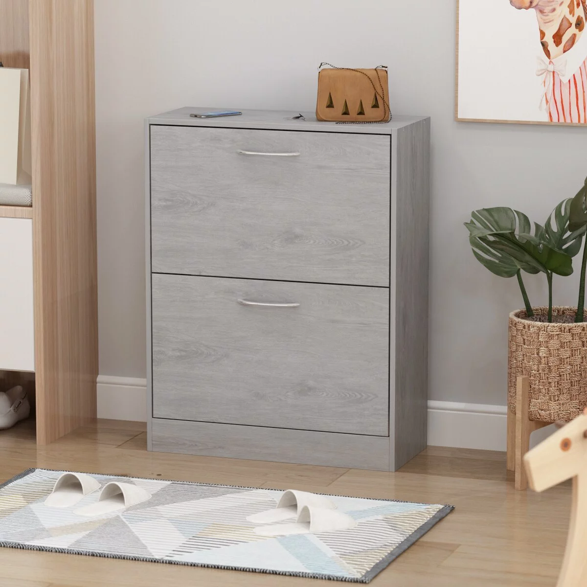 Grey Wood 12-Pair Shoe Storage Cabinet w/ 2 Flip Drawers by Kerrogee