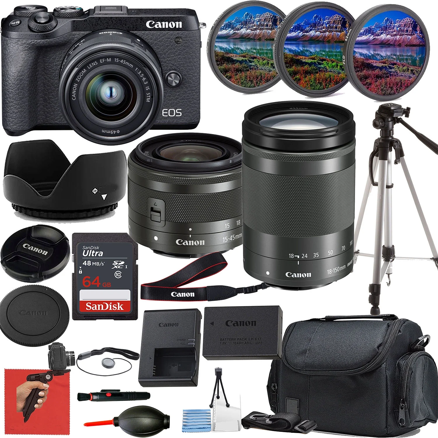 Canon EOS M6 Mark II Camera Bundle: Includes 15-45mm & 18-150mm Lenses, Sturdy Tripod, 64GB SanDisk Memory Card, Authentic Canon Battery, Protective Case, Cleaning Supplies, 3-Filter Set, and More
