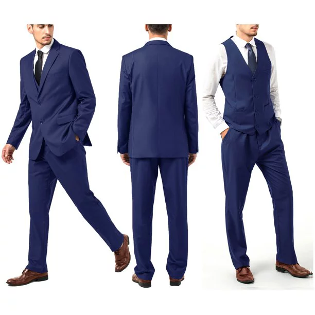 MOSEDOU Mens Suits Set Slim Fit Men 3 Piece Dress Suit Prom Blazer Wedding Formal Jacket & Vest & Pants Navy Blue XS
