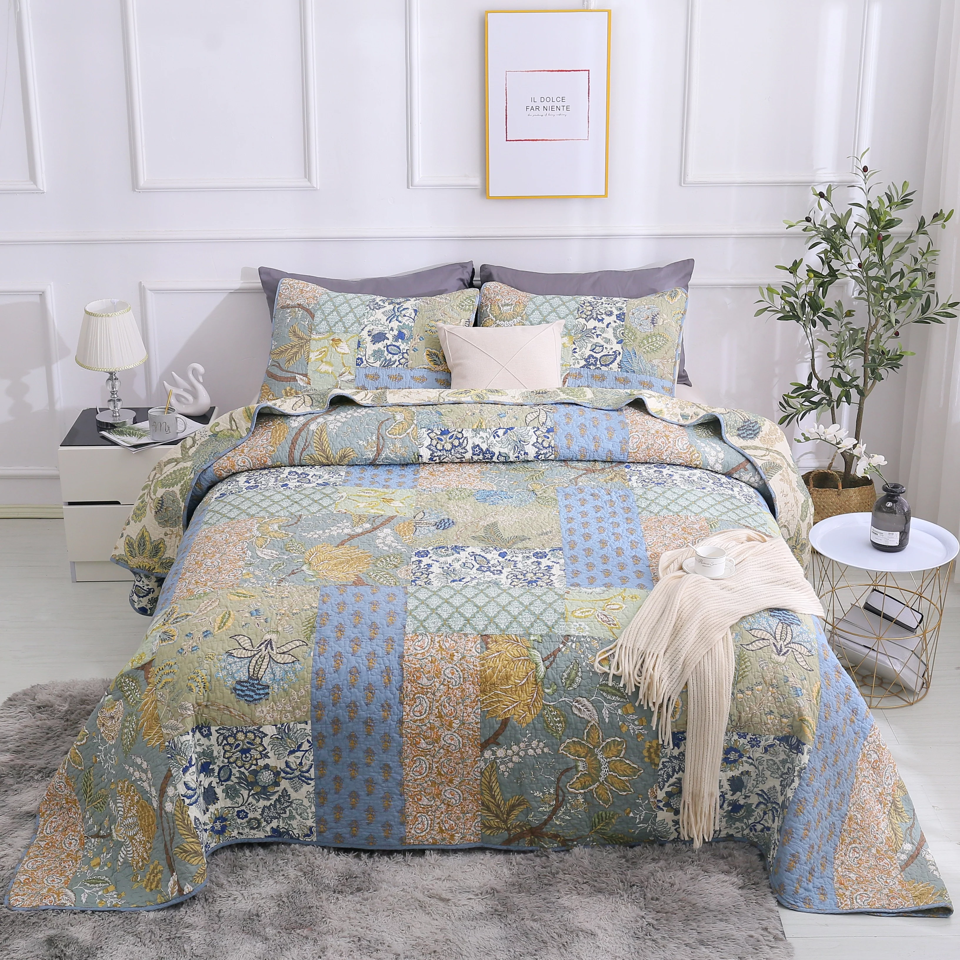 S&S Bohemian 3 Piece Reversible Floral 100% Cotton Authentic Patchwork Quilt Set Full - Queen