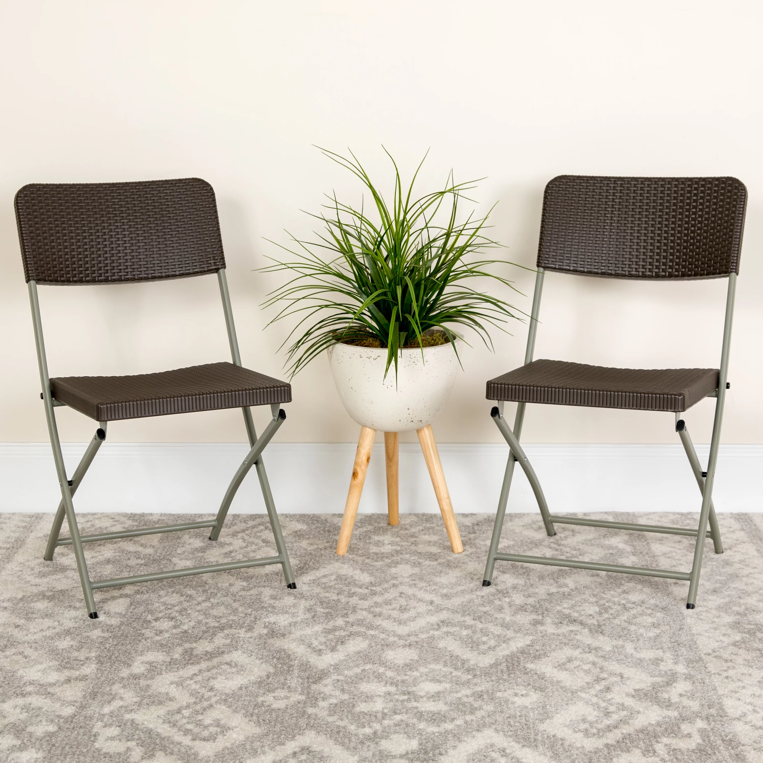 BizChair 2 Pack Brown Rattan Plastic Folding Chair with Gray Frame