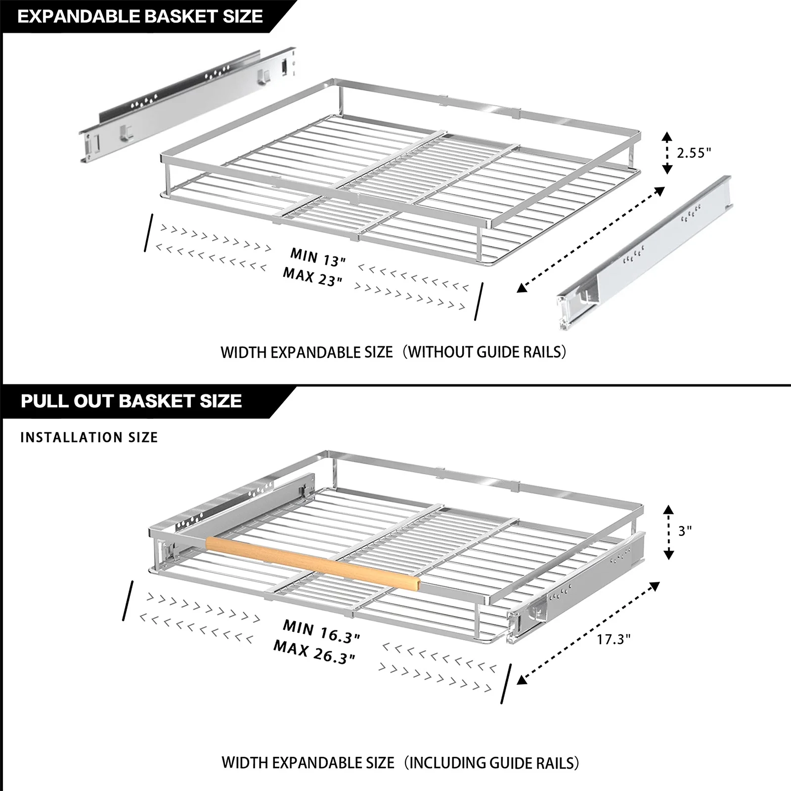 SANNO Pull Out Drawer Cabinet Organizer, Expandable Slide Out Storage Shelves - Heavy Duty, for Cabinets, Under Sink and Wardrobe, Opening Size Required 16.3