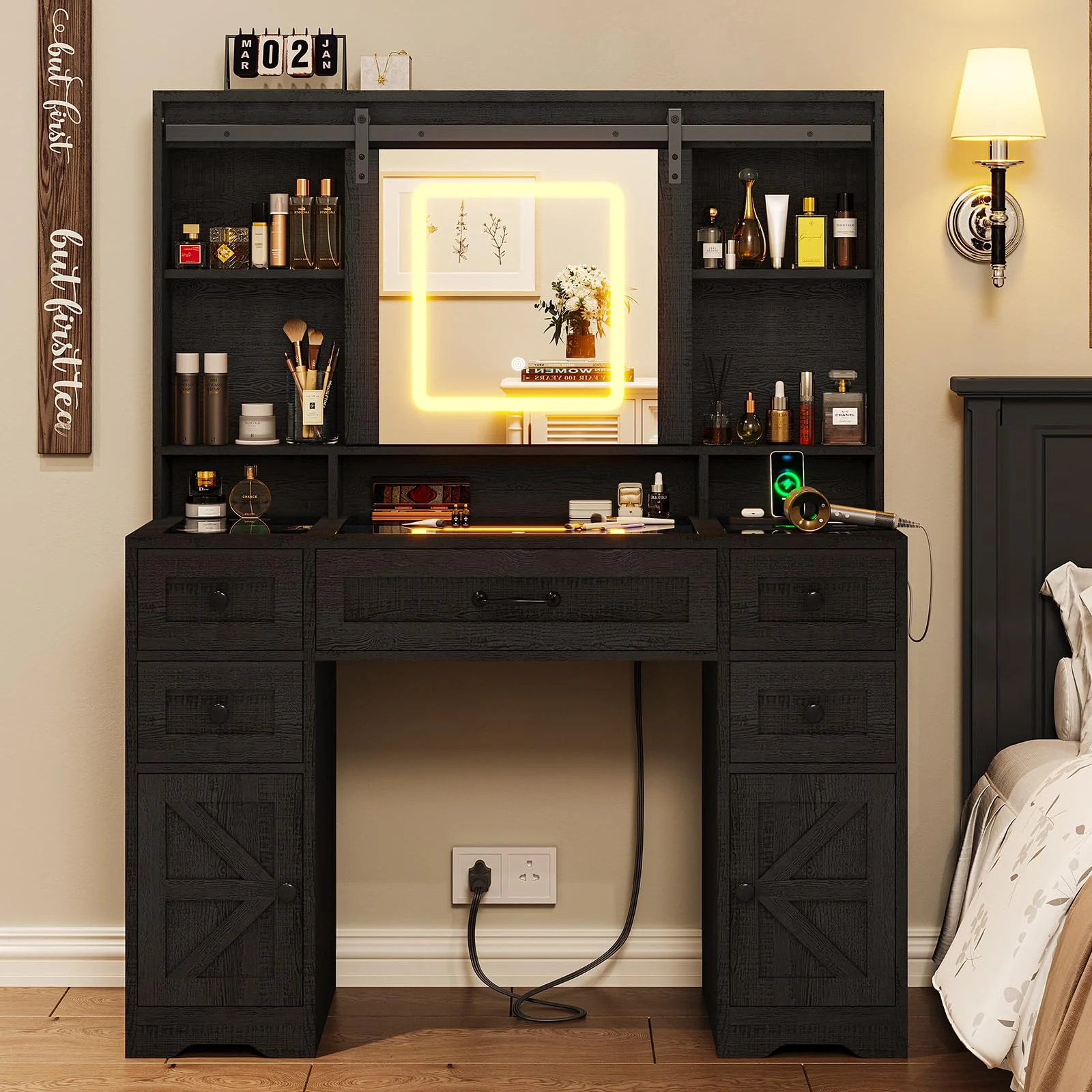 Makeup Vanity Desk with Sliding Mirror and Lights,Farmhouse Vanity Table with Charging Station&5 Drawers&Cabinets, Black