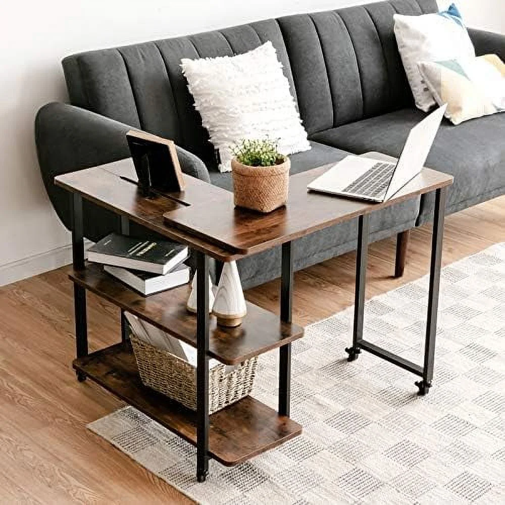 SQSFCB ° Rotating Sofa Patented L-Shaped Corner Desk with 2-Tier Mobile End Table Movable Laptop Table with Casters for Home Office (Rustic Brown)