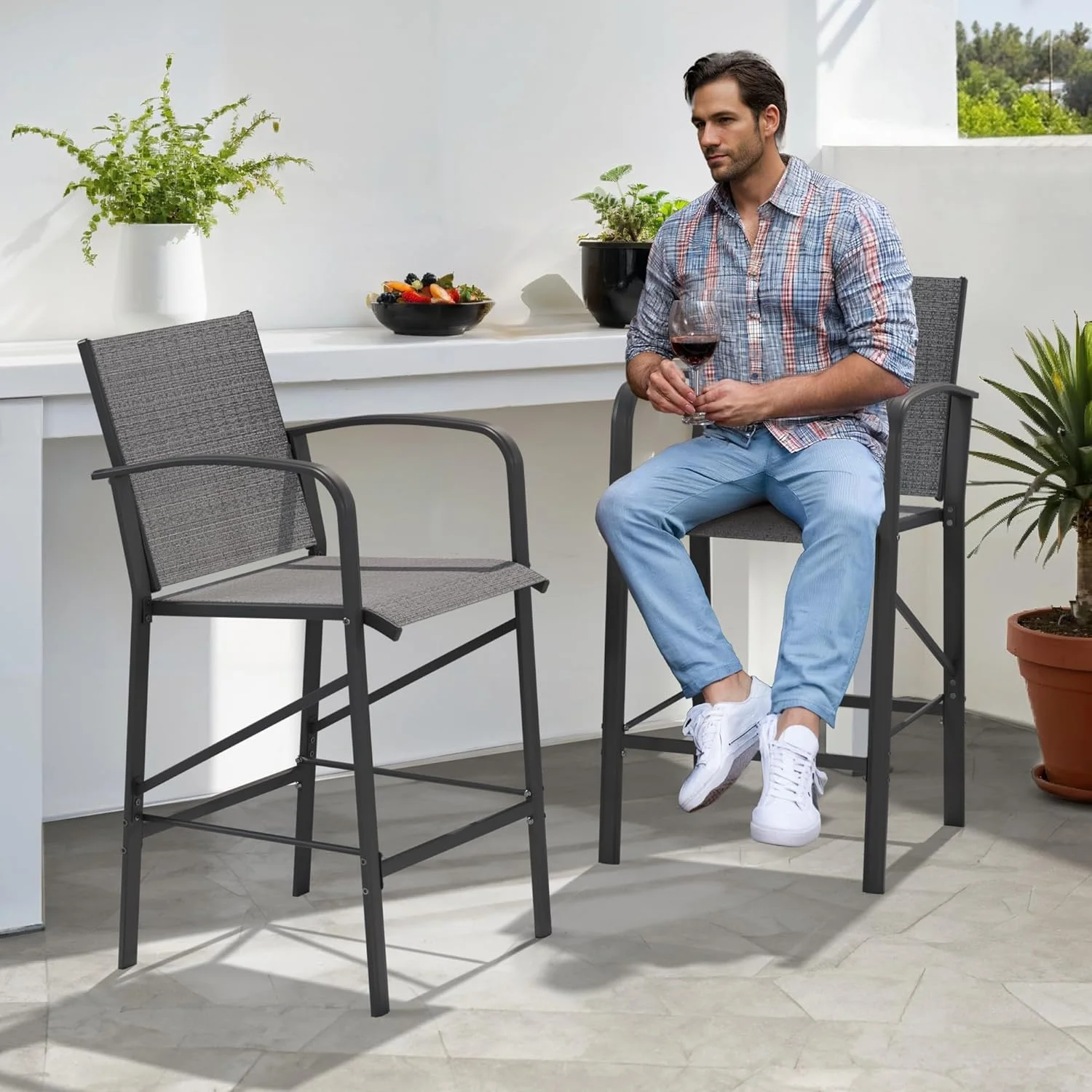 UDPATIO Patio Bar Chairs Set of 2, Outdoor Bar Height Stools, Metal Frame Textilene Tall Barstool with Backs Armrest, High Top Seating for Porch, Deck, Garden, Backyard, Pool, Grey