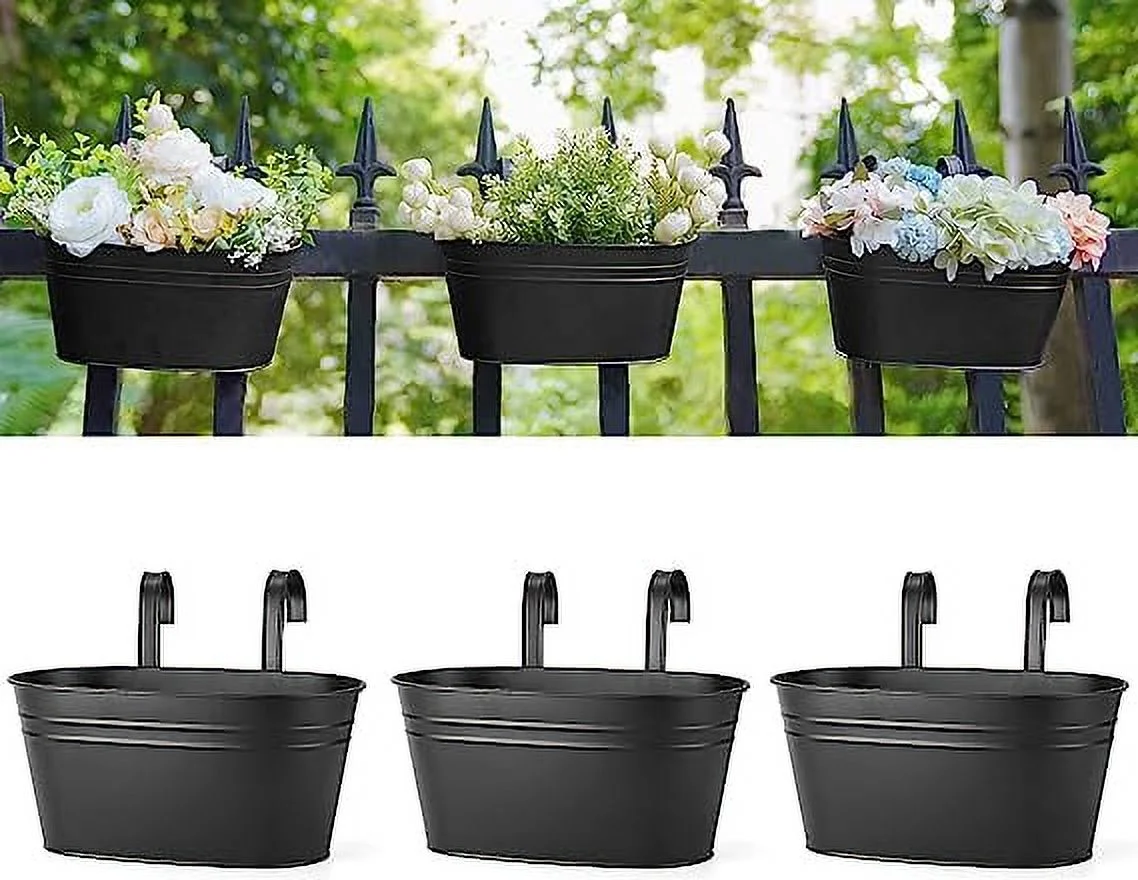 Nvzi Metal Iron Hanging Flower Pots for Railing Fence Hanging Bucket Pots Countryside Style Window Flower Plant Holder with Detachable Hooks Home Decor,White,3 Pcs