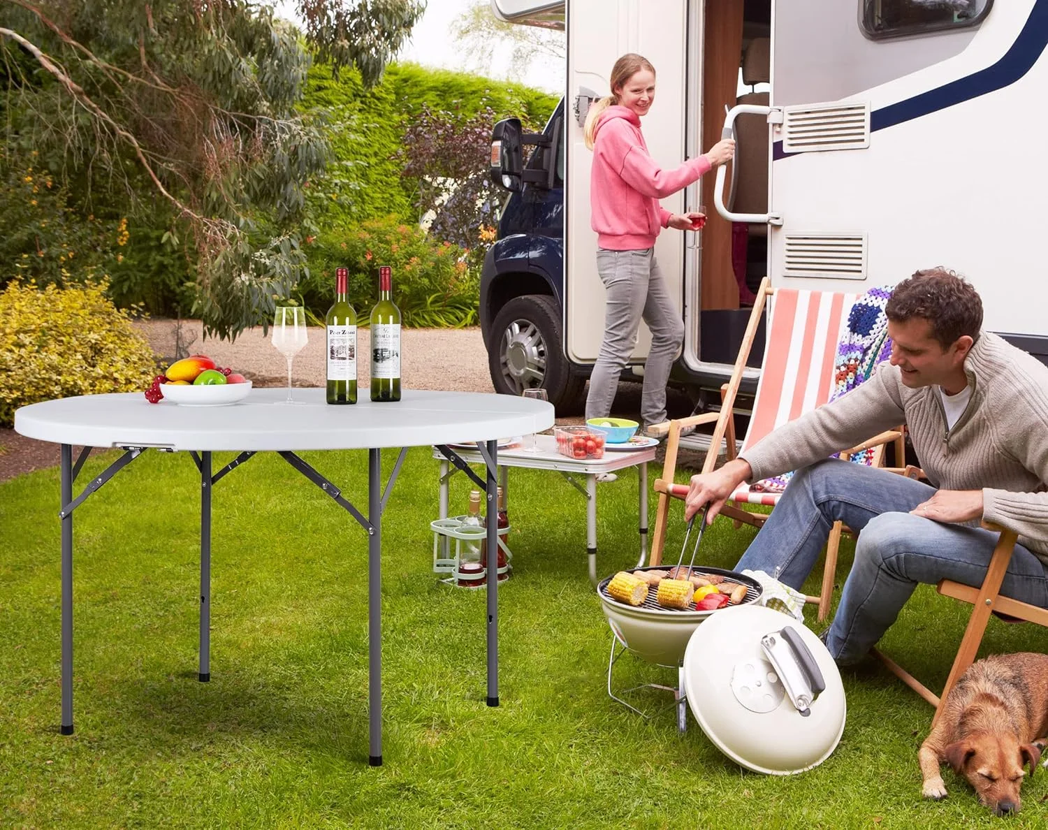 4 FT Folding Table Portable Plastic Picnic Table,Indoor Outdoor Heavy Duty Fold-in-Half  Table with Carrying Handle for Office Home Camping Party Barbecues,Round