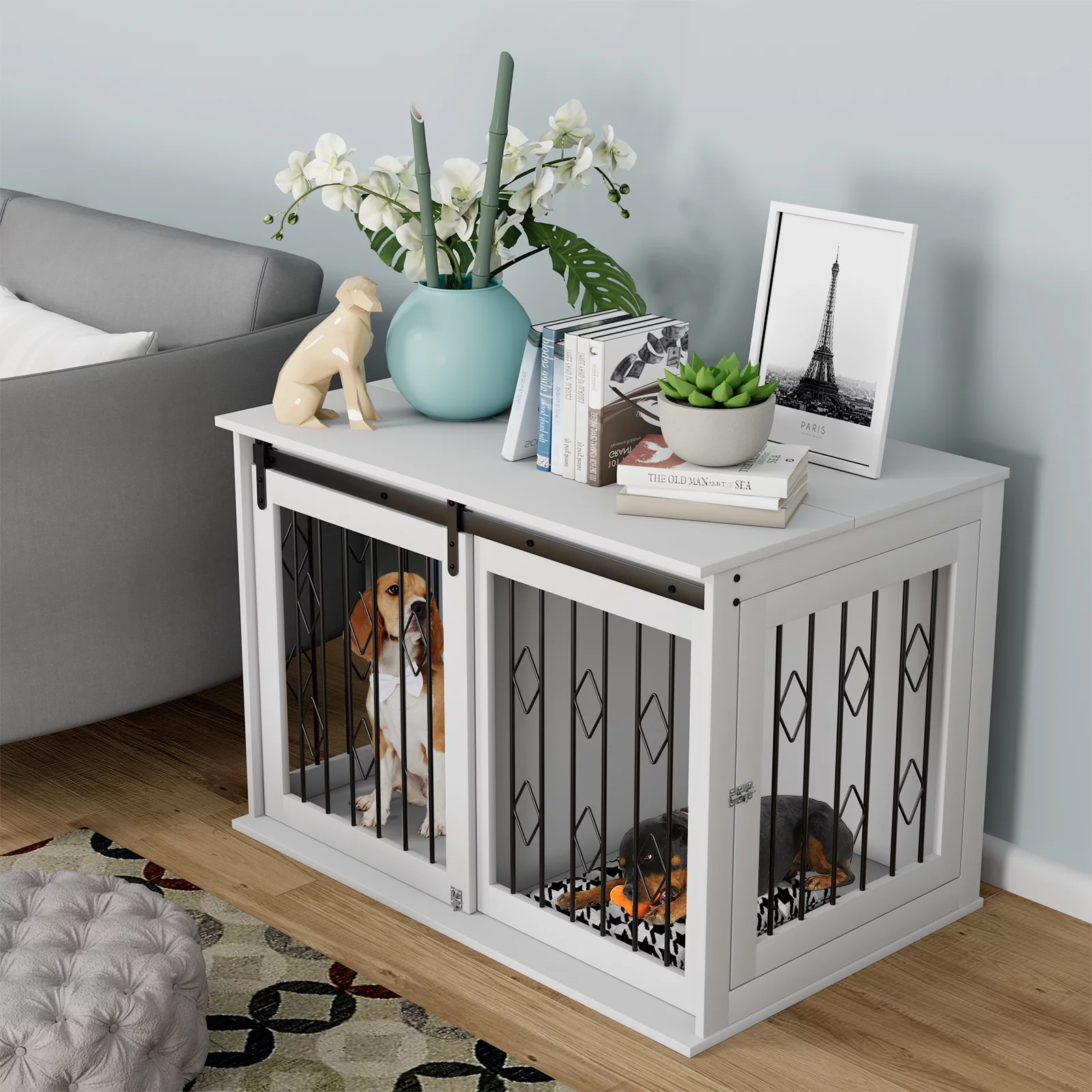 Pirecart Dog Crate Furniture with Sliding Barn Door, 39in Large Dog Kennel Furniture with Flip Top
