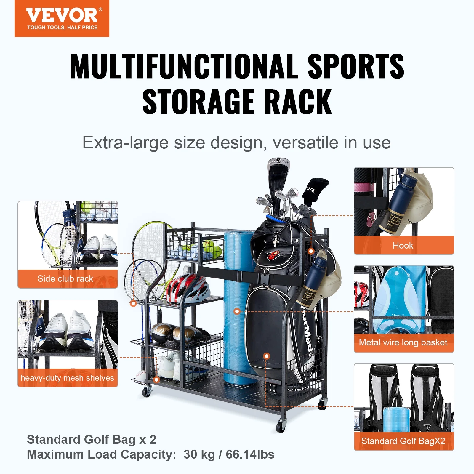 SKYSHALO Golf Storage Garage Organizer 2 Golf Bag Stand Holder Rolling Ball Cart on Wheels, Club Rack Ball Cart ,Outdoor Sport Gear Toy Storage
