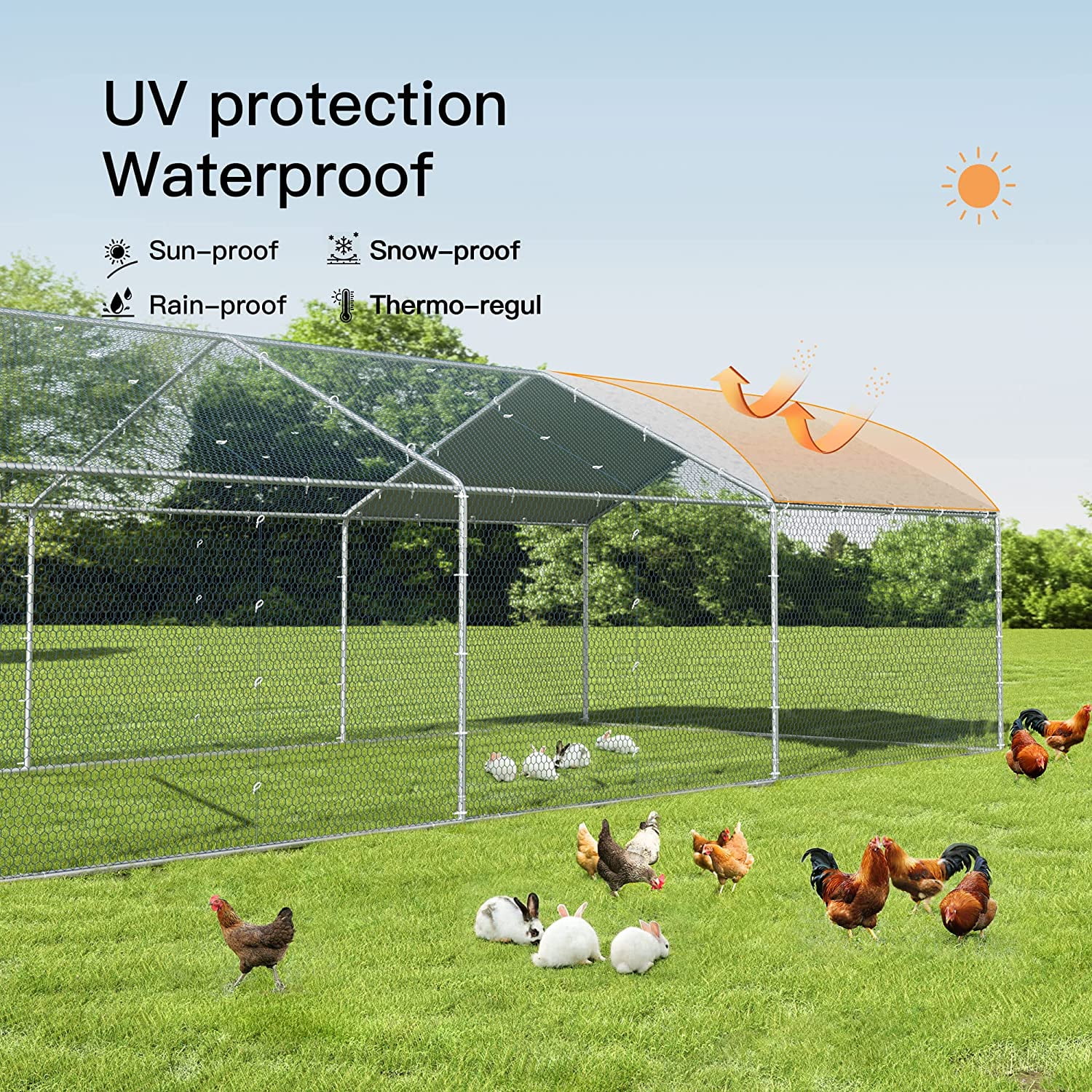 ALAULM Chicken Coops Large Metal Chicken Coops, Outdoor Walk-in Poultry Cage Chicken Run House Chicken Pen with Waterproof and UV Protection Cover for Outdoor