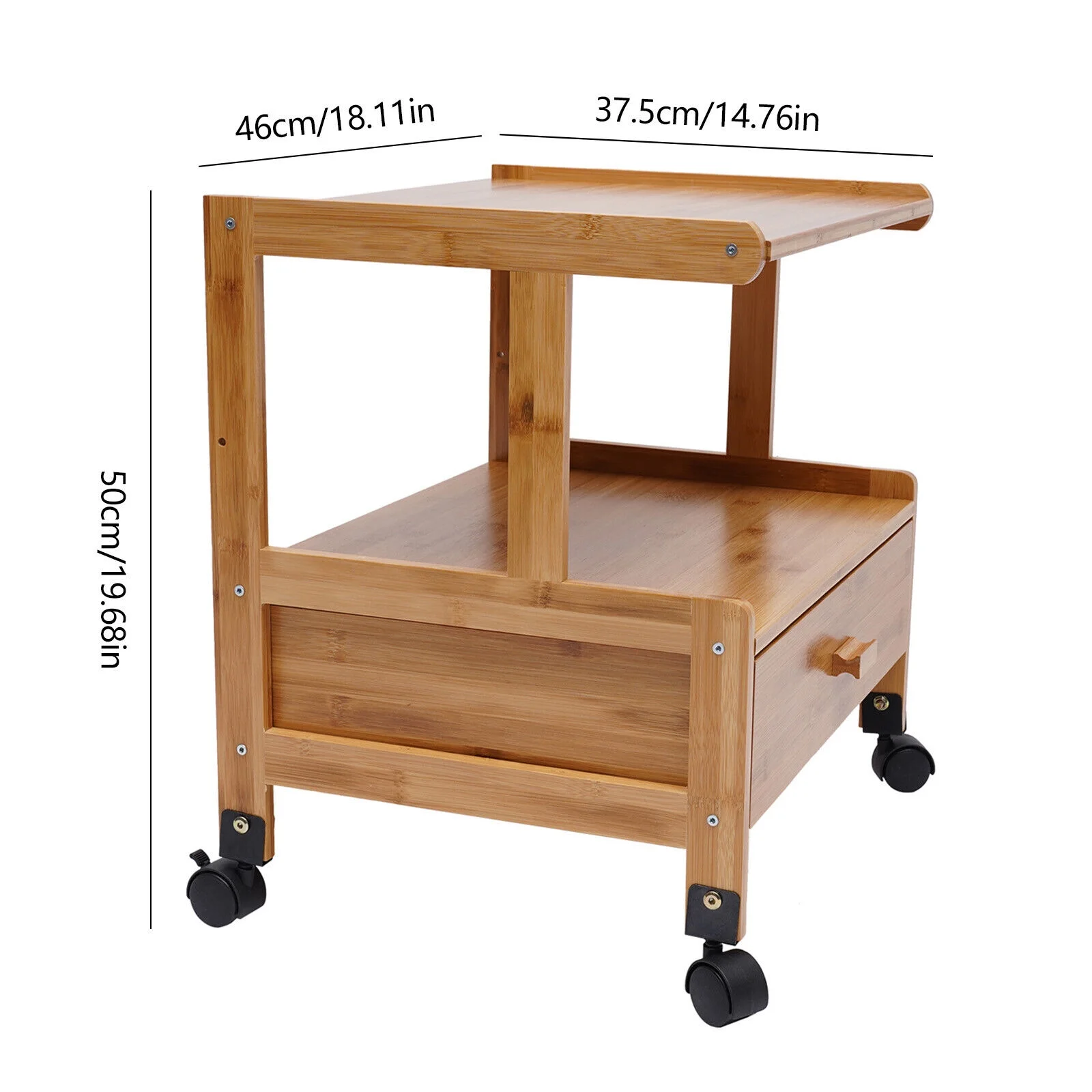 ZhdnBhnos 2 Tiers Mobile Printer Stand Holder Wood Storage Shelves Rolling Cart with Wheels Space Saving Display Rack Organizer with Drawer for Home Office