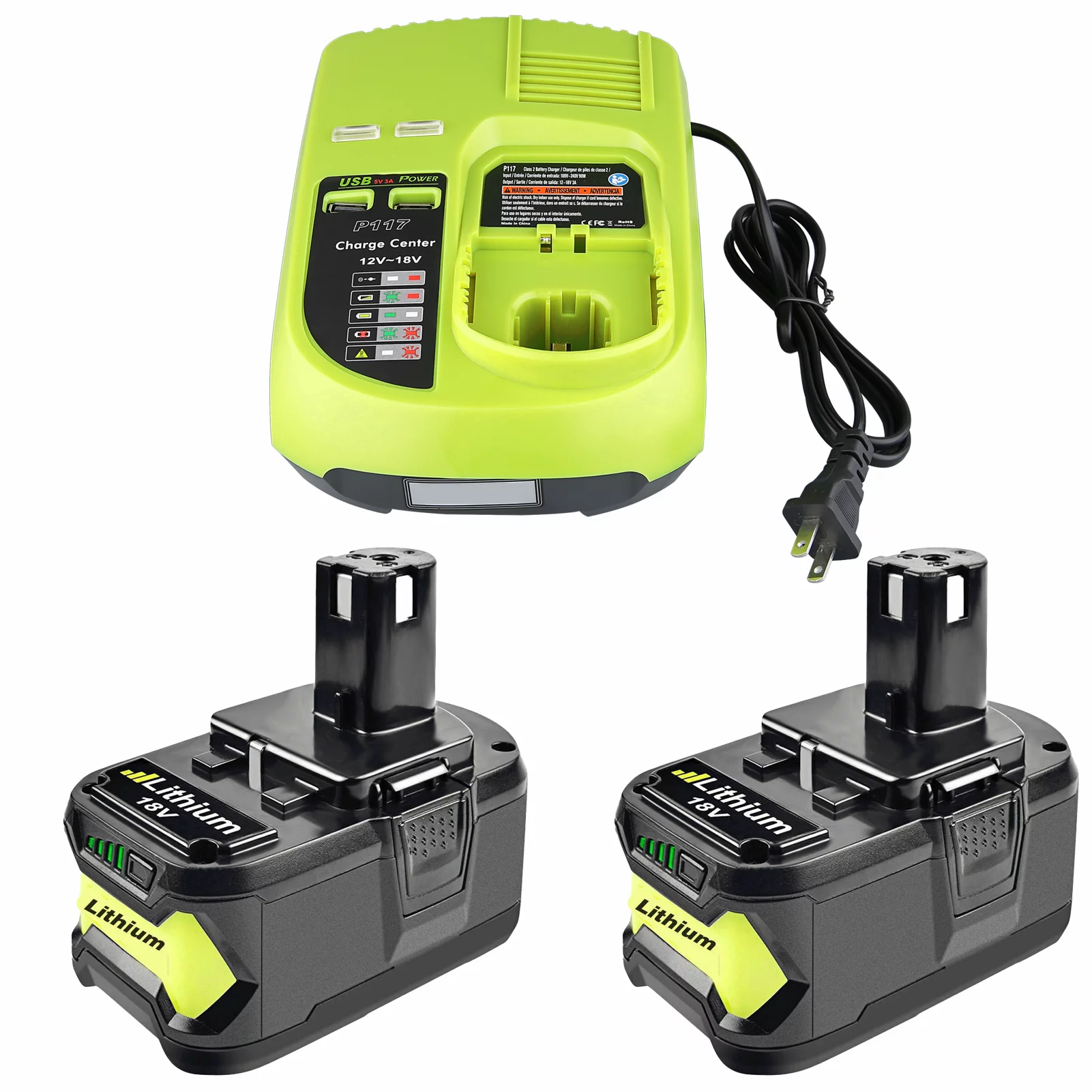 Vinida P117 Dual Chemistry Battery Charger Replacement for Ryobi 18V Battery Charger+ 2PACK FOR Ryobi 130429054 Battery 18V 4000mAh Li-ion Black P104