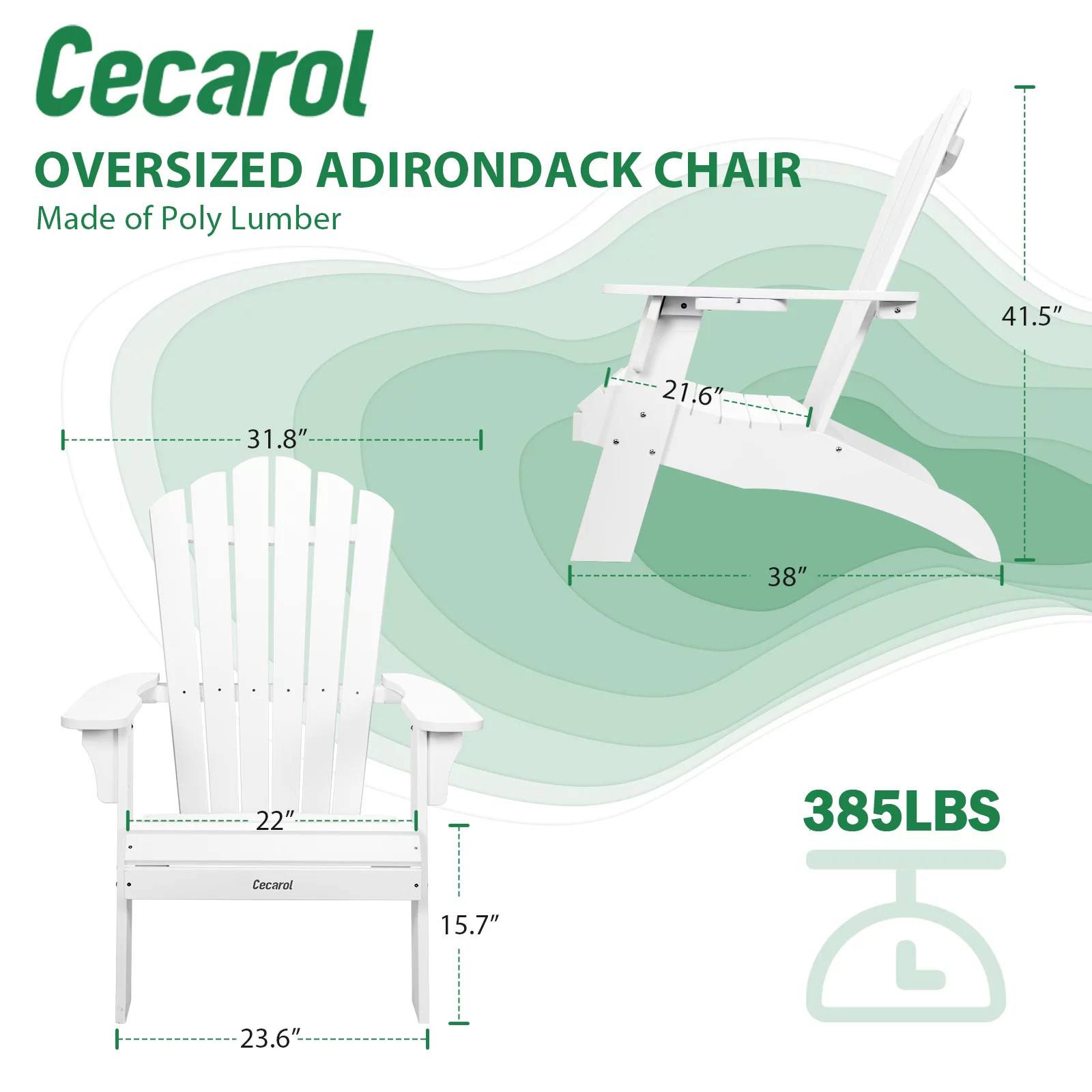 Cecarol Oversized Adirondack Chairs White with 2 Cup Holders, 385lb Weight Capacity