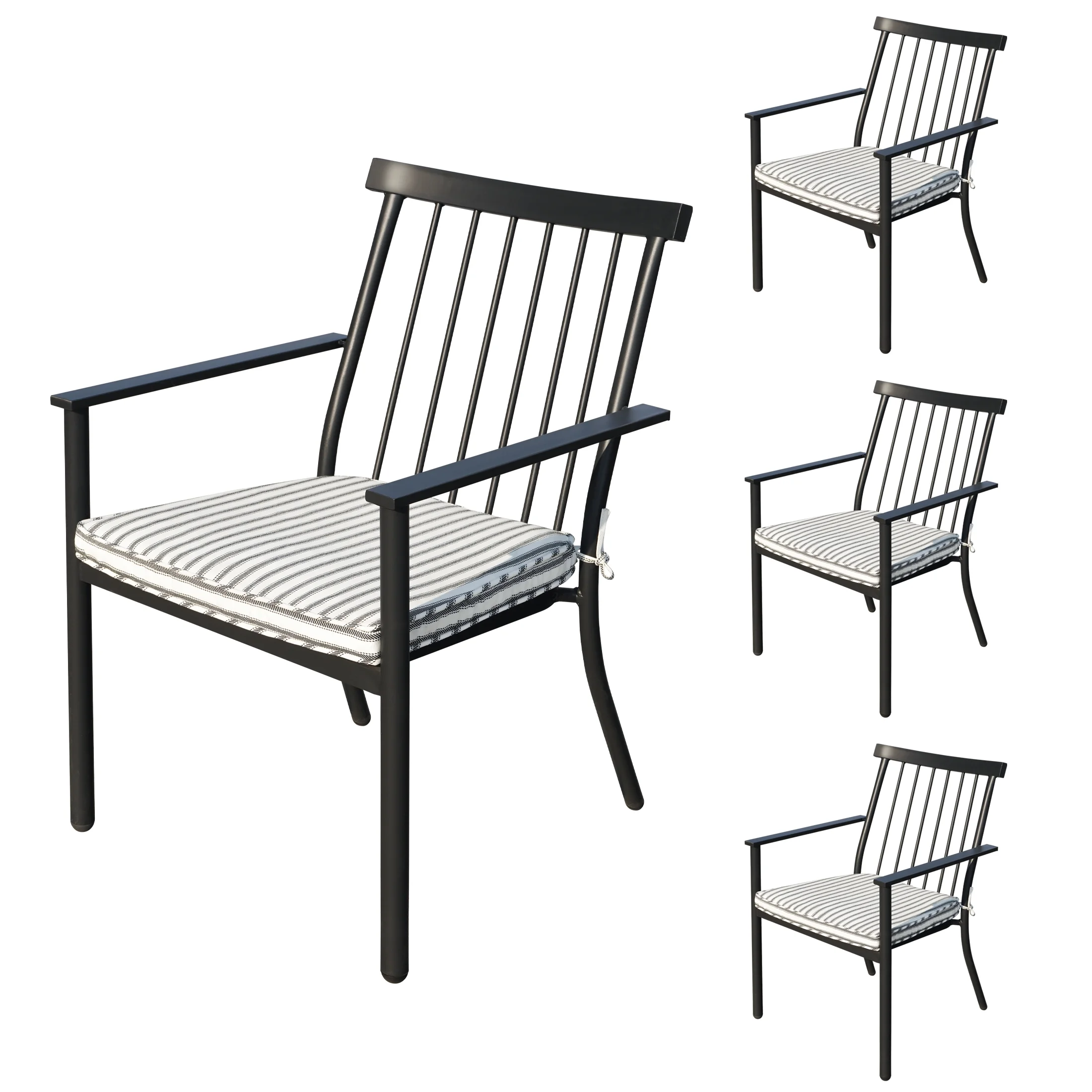 Set of 4 Outdoor Patio Chairs-2C, Integrated Stackable Wrought Iron Furniture Dining Chairs with Arms and Cushions, Indoor Outdoor Chairs for Porch, Yard, Lawn, Garden - Black