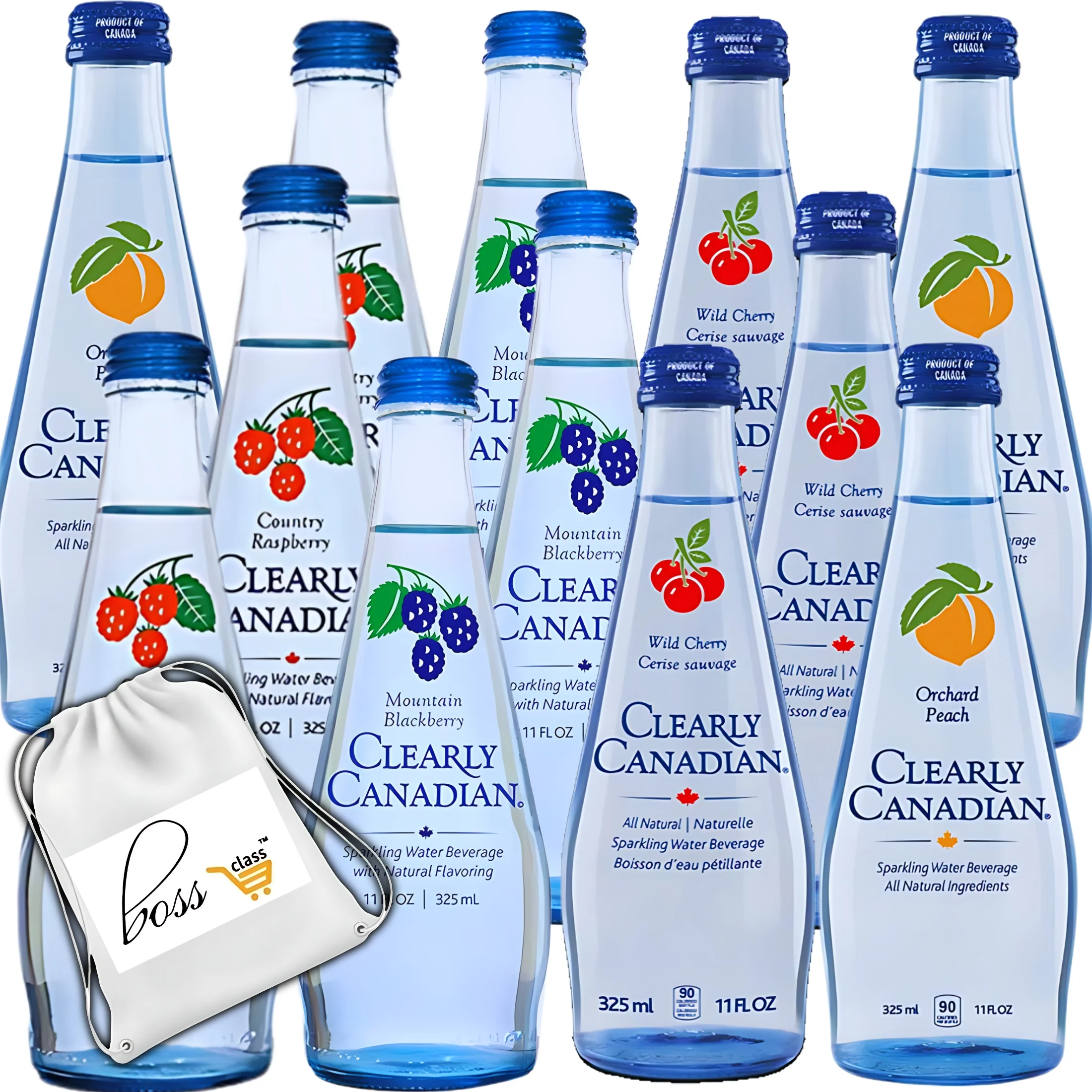 (12) Clearly Canadian Sparkling Water Beverage, 11 Fl oz Variety Pack Naturally Flavored Drinks 3 Bottles Each Mountain Blackberry Country Raspberry Orchard Peach Wild Cherry & CUSTOM Storage Carrier