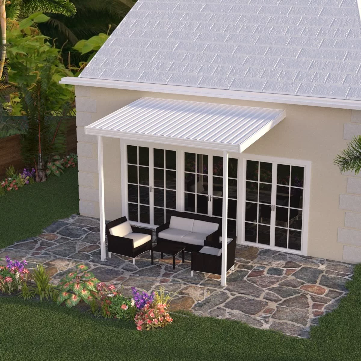Four Seasons OLS TWV Series 12 ft wide x 8 ft deep Aluminum Patio Cover with 20lb Snowload & 2 Posts in White