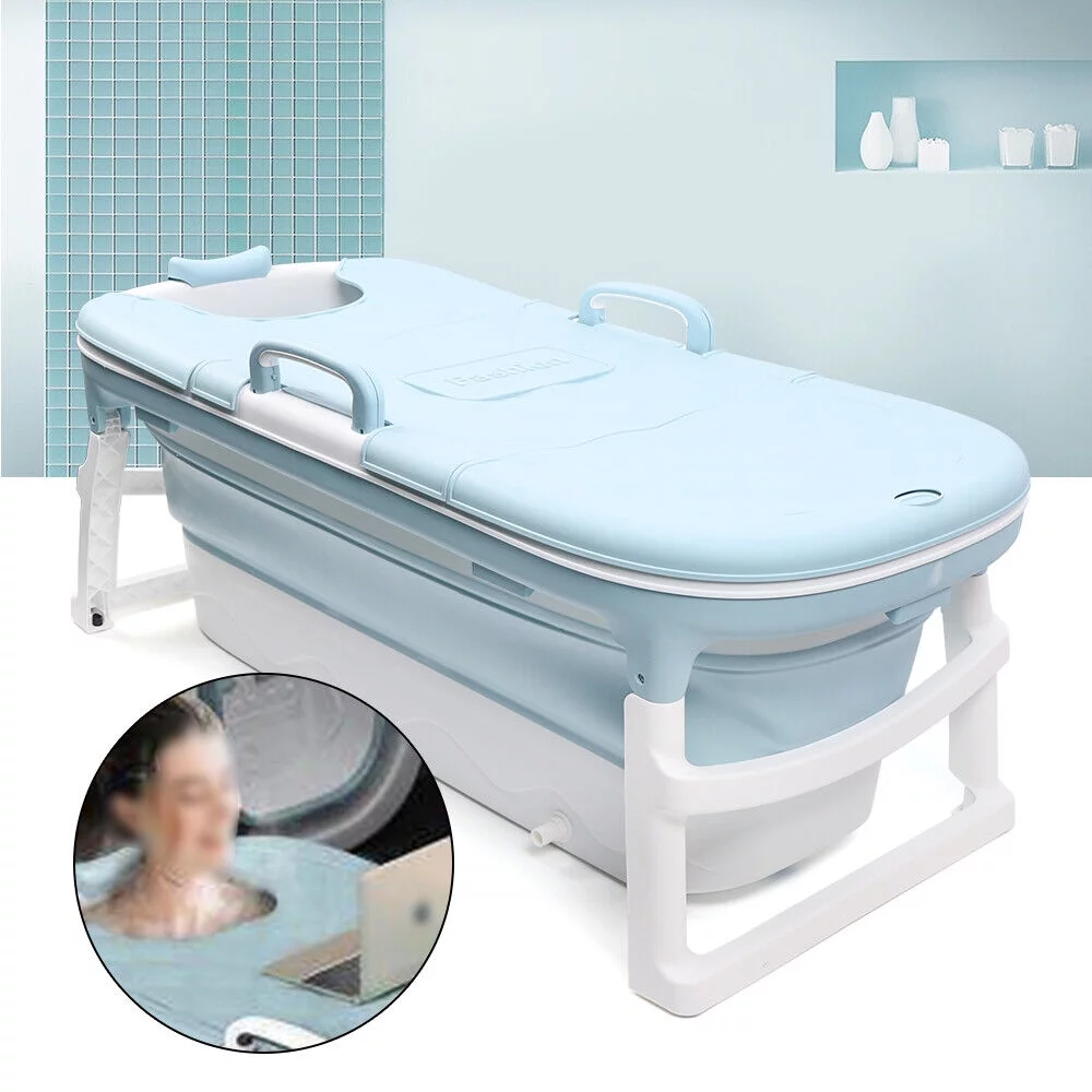 ZhdnBhnos 54'' Portable Bathtub Water Tub Folding Spa Bath Bucket Barrel Free-Standing Plastic Soaking Tub w/ Lid