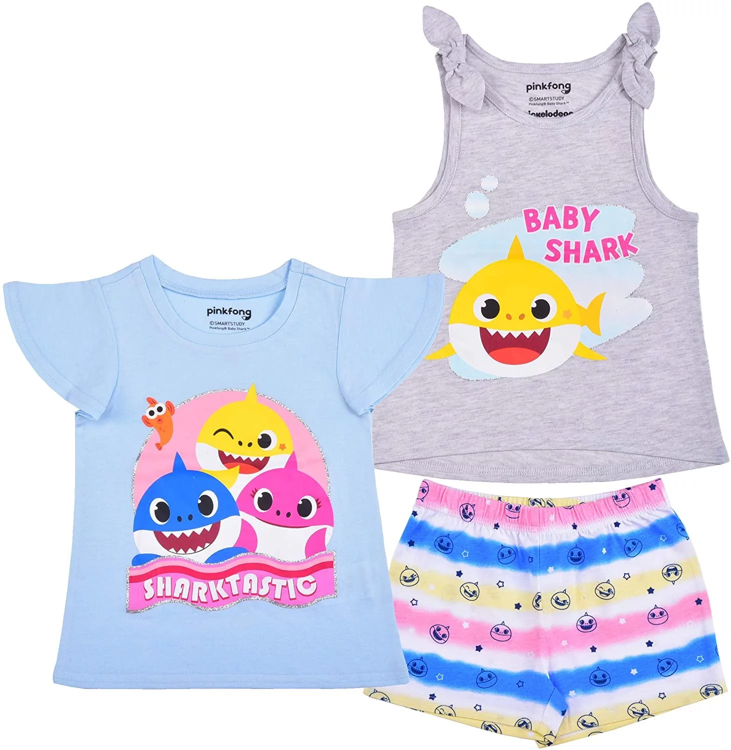 Baby Shark, Daddy Shark and Mommy Shark Girls 3 Piece 2 Short Sleeve Tee and Short Set, Toddler
