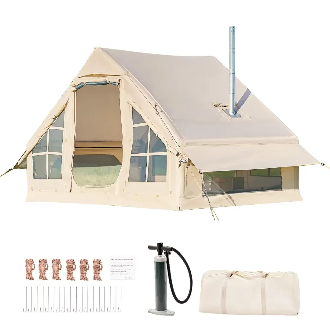 Docred Inflatable Glamping Tent with Pump, 4-6 Person Extra Large Inflatable House Tents ,Glamping Tents Sun Shelter with Mesh & Chimney Window