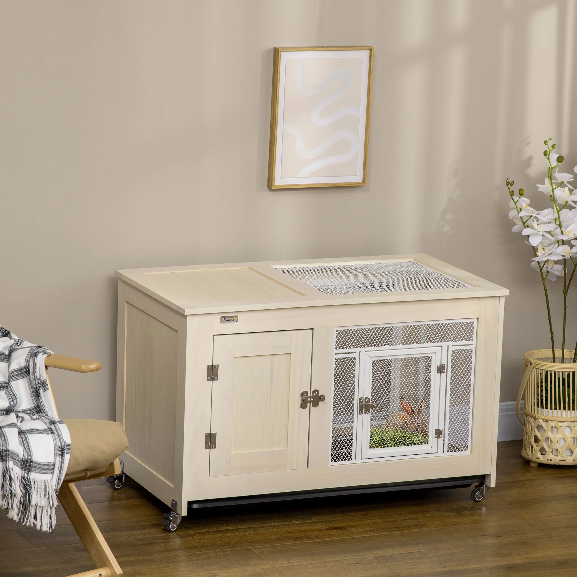PawHut Small Rabbit Hutch Indoor Bunny Cage on Wheels, Rabbit Habitat